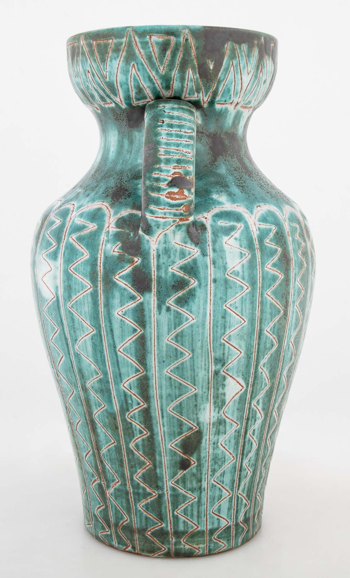 Earthenware Long Neck Teal Glazed Vase by French Ceramist Robert Picault