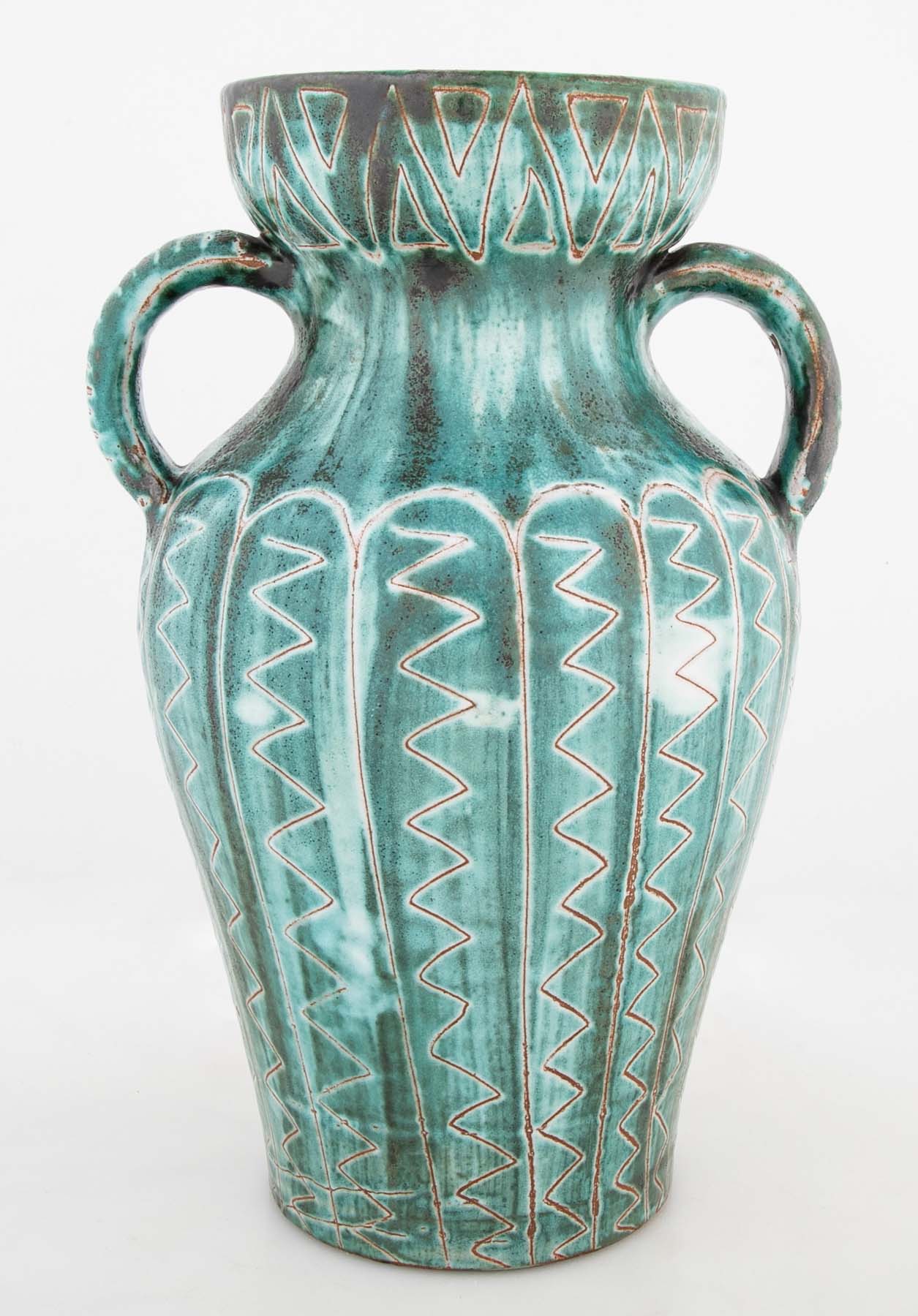 Earthenware Long Neck Teal Glazed Vase by French Ceramist Robert Picault