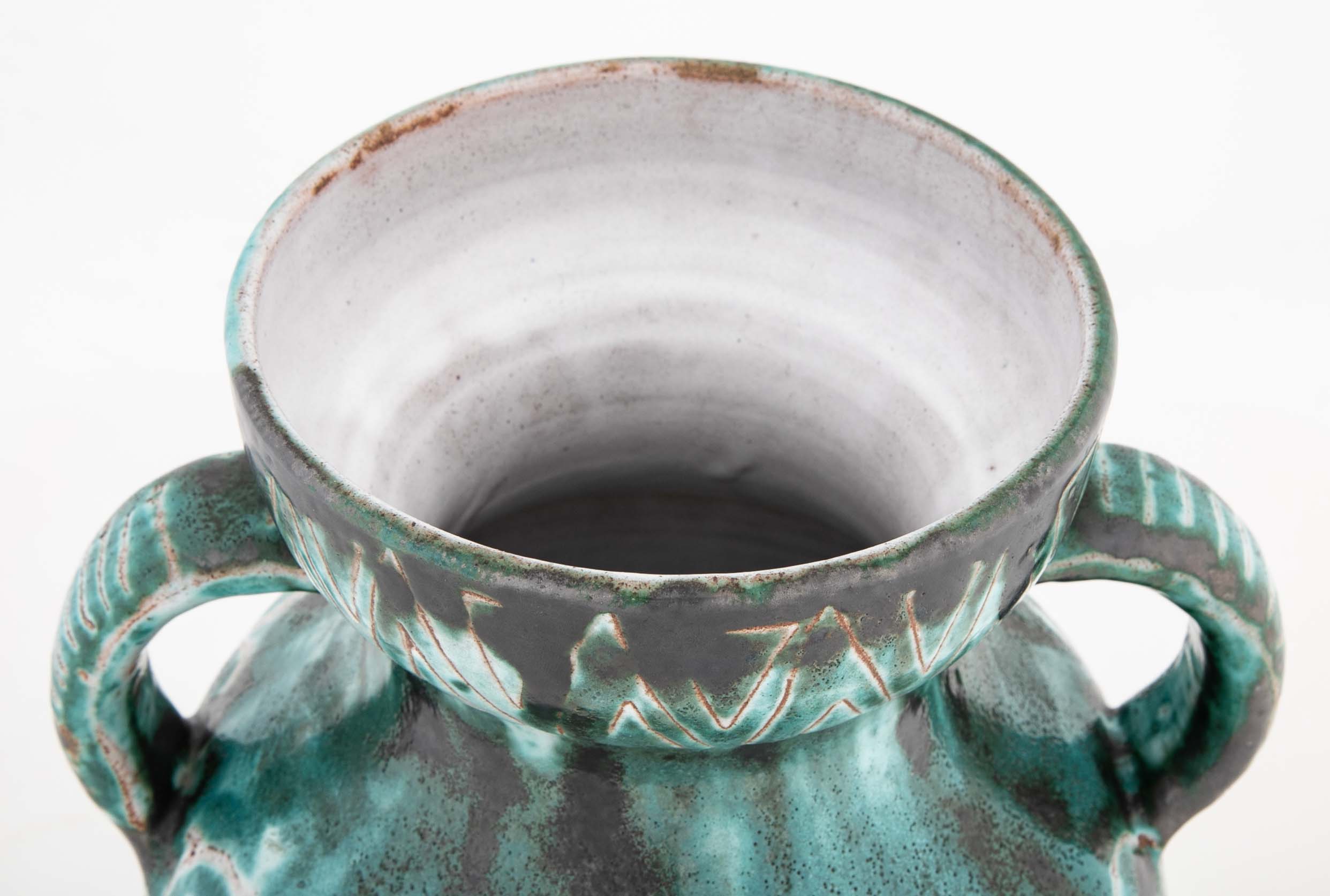 Earthenware Long Neck Teal Glazed Vase by French Ceramist Robert Picault