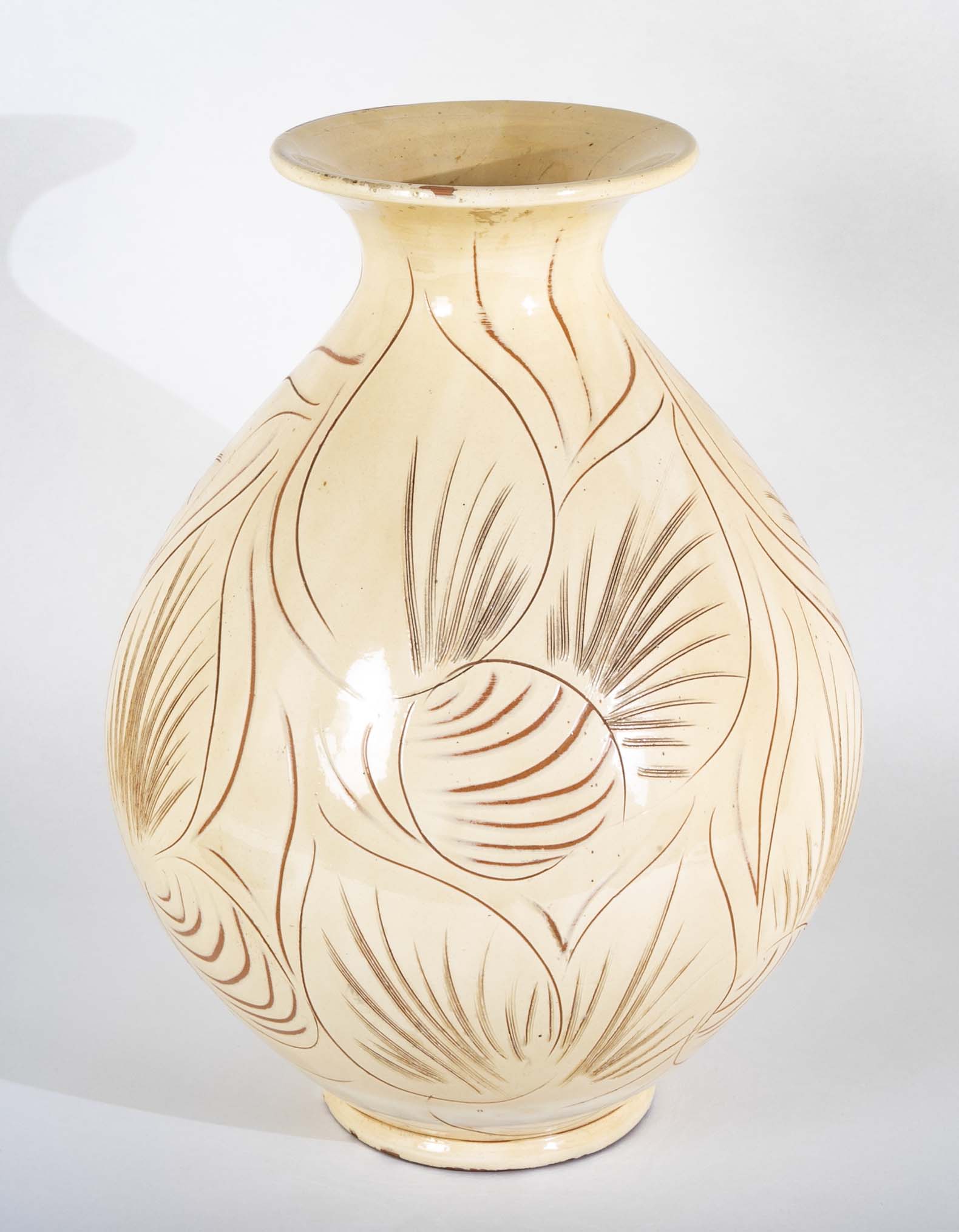 Kahler Earthenware Vase in Cream Glaze with Incised Foliage Design