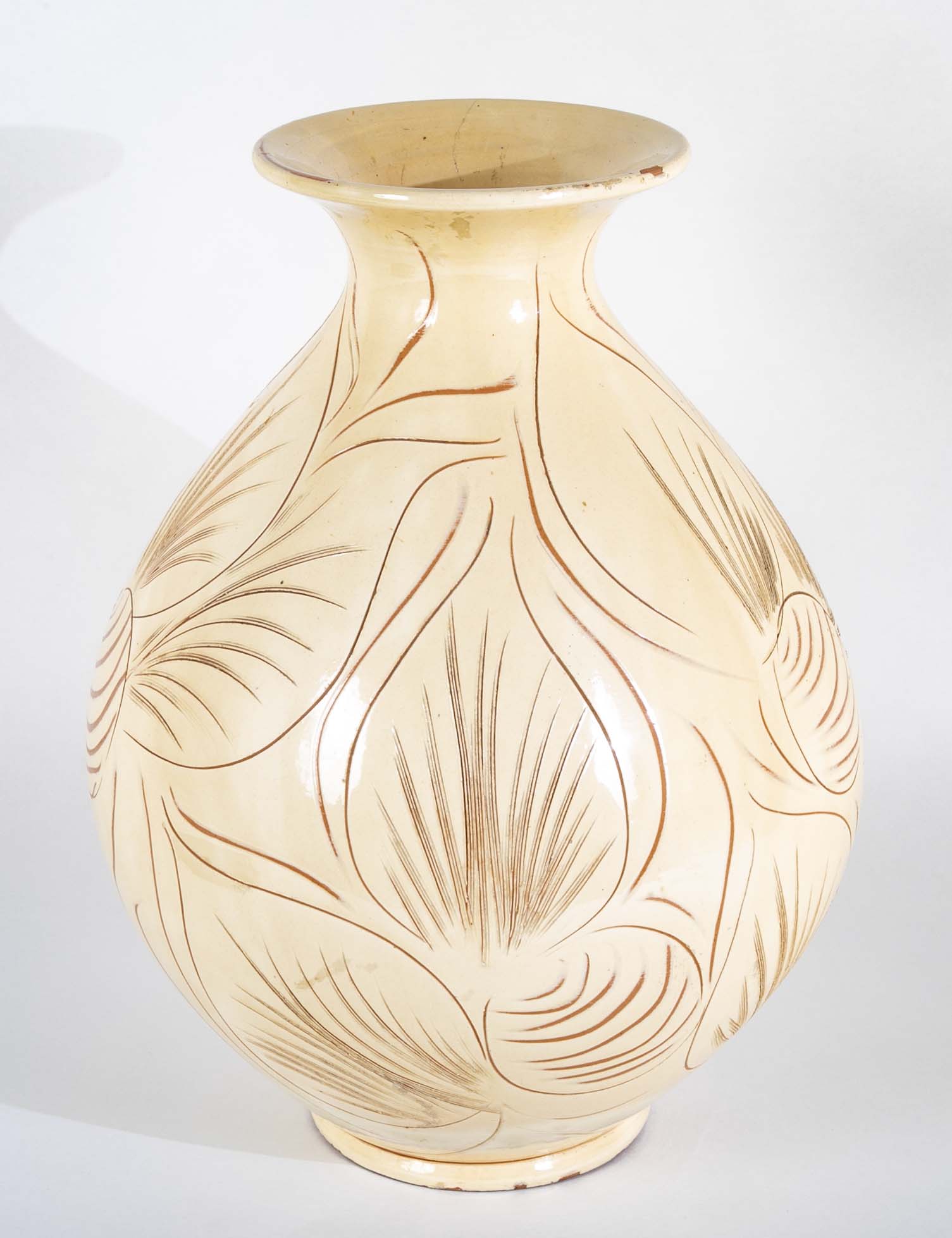 Kahler Earthenware Vase in Cream Glaze with Incised Foliage Design