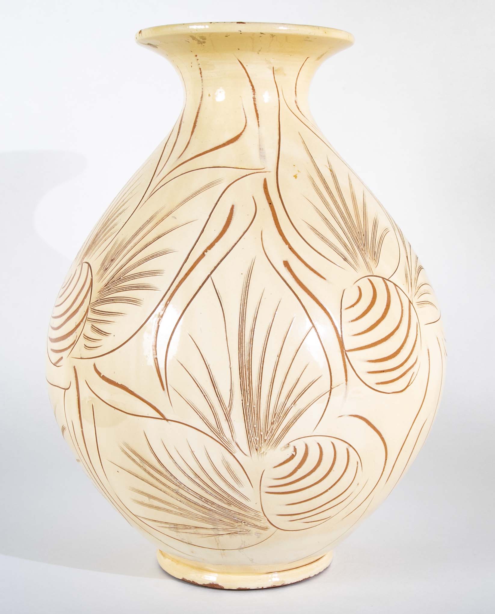 Kahler Earthenware Vase in Cream Glaze with Incised Foliage Design
