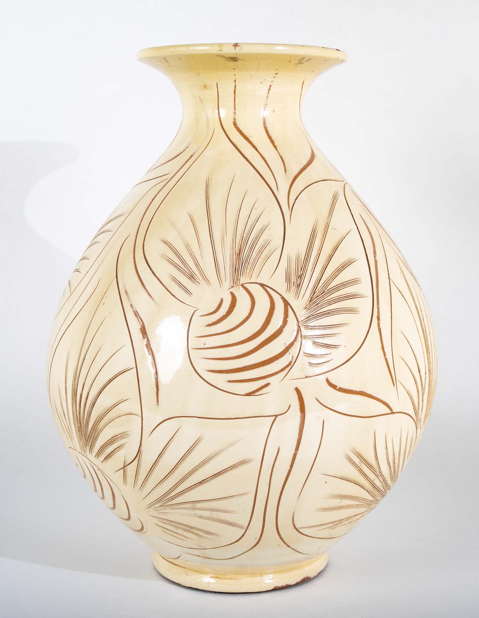 Kahler Earthenware Vase in Cream Glaze with Incised Foliage Design