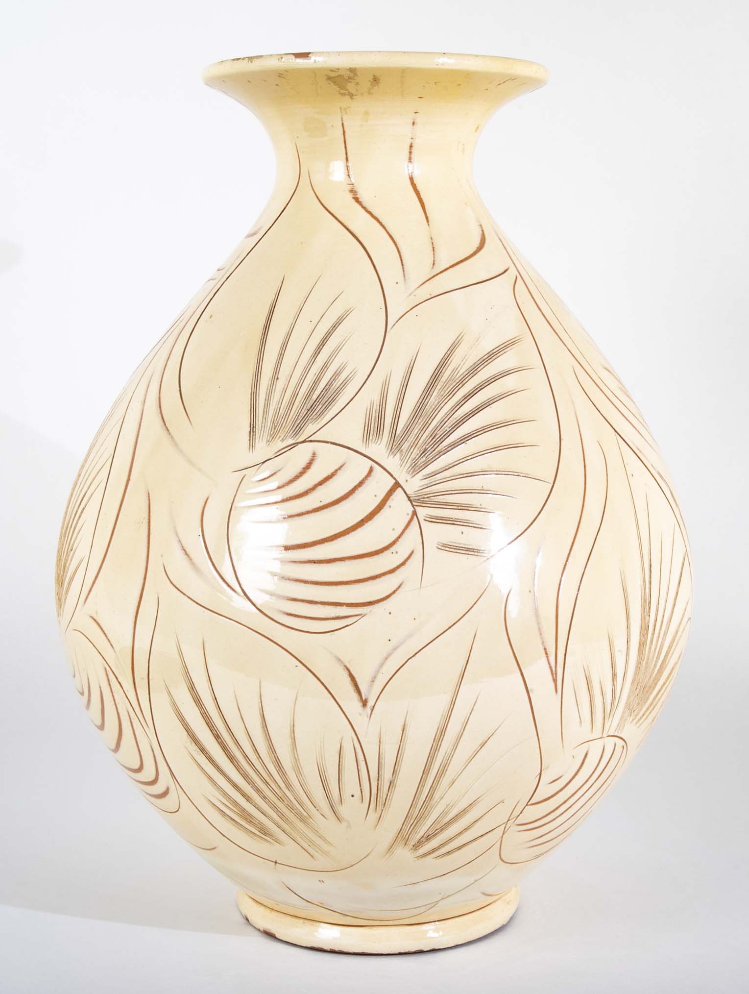 Kahler Earthenware Vase in Cream Glaze with Incised Foliage Design