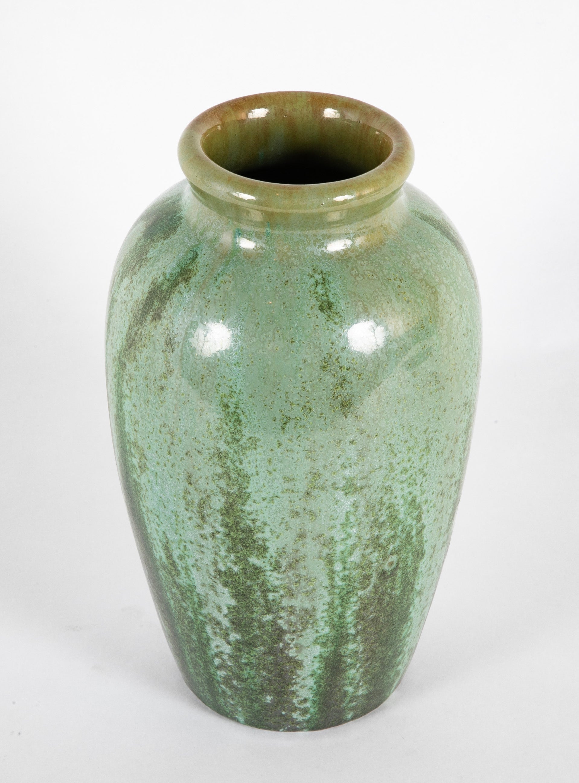 Green Fulper Pottery Vase with Darker Flambe on Light Green Field