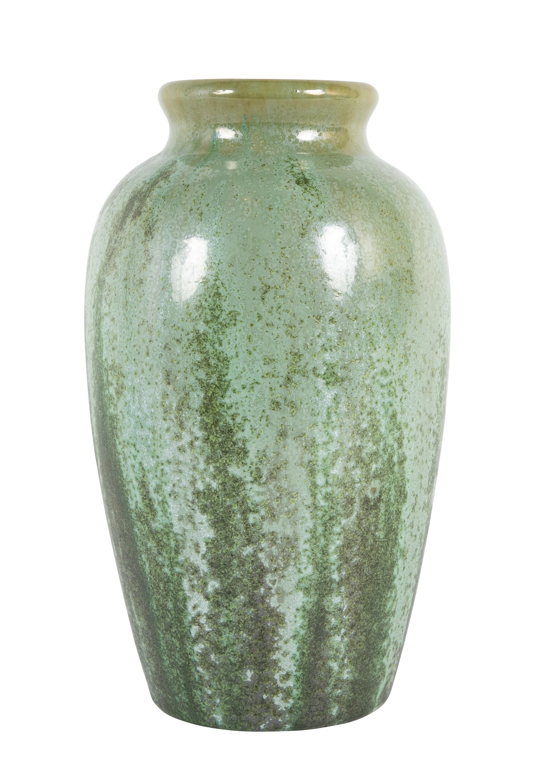 Green Fulper Pottery Vase with Darker Flambe on Light Green Field