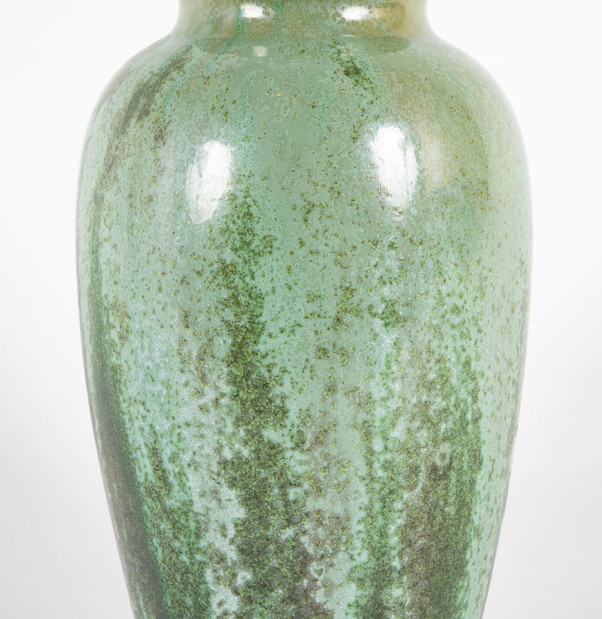 Green Fulper Pottery Vase with Darker Flambe on Light Green Field