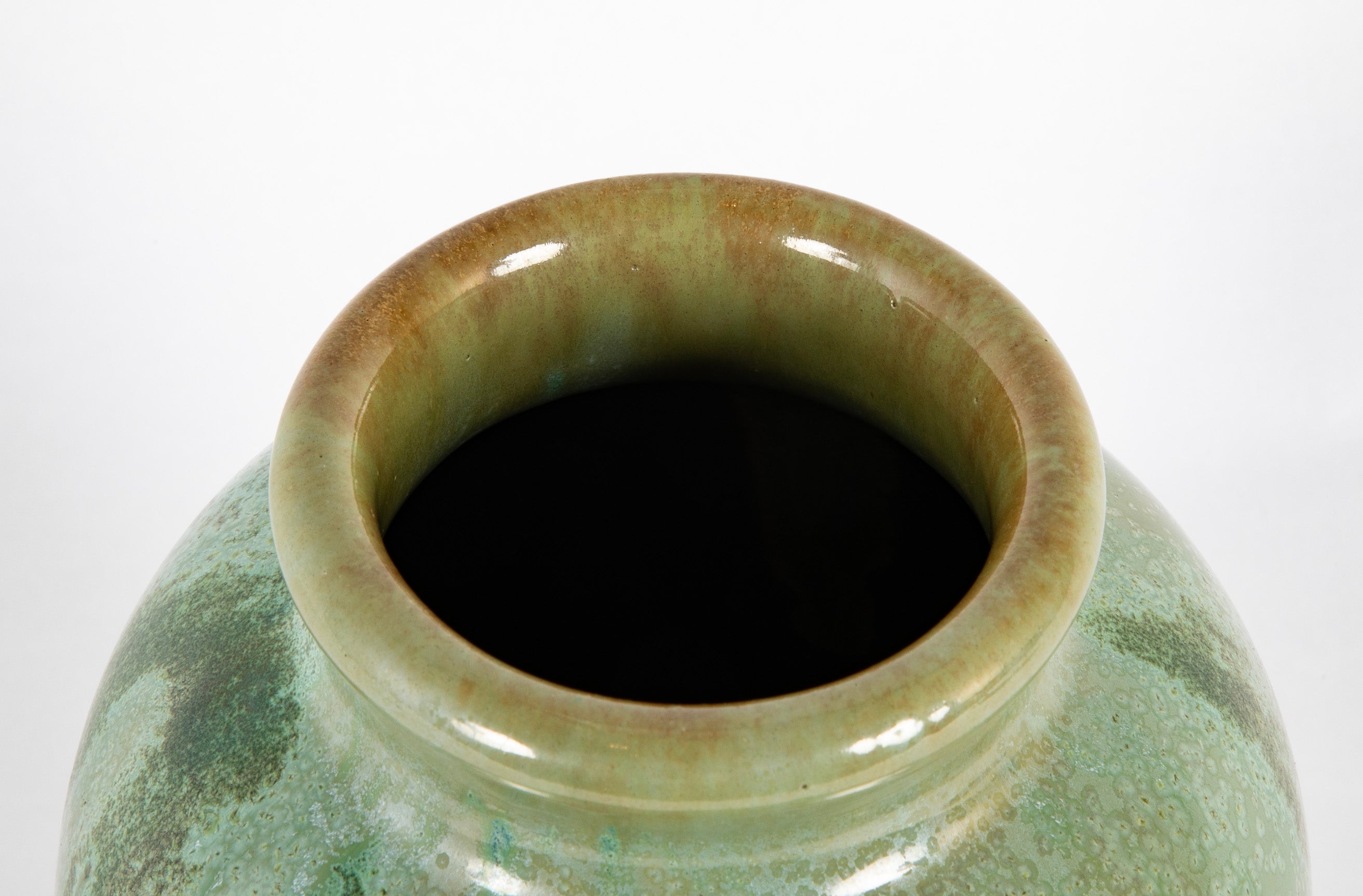 Green Fulper Pottery Vase with Darker Flambe on Light Green Field