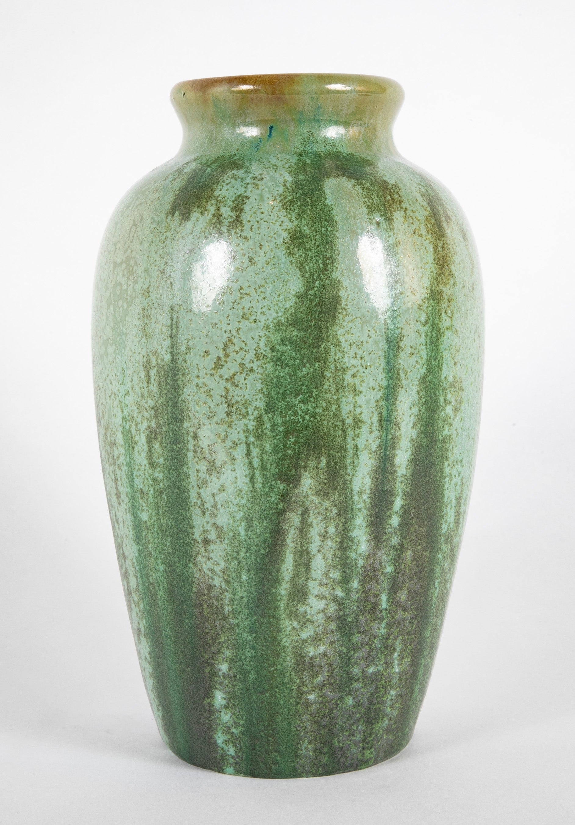 Green Fulper Pottery Vase with Darker Flambe on Light Green Field