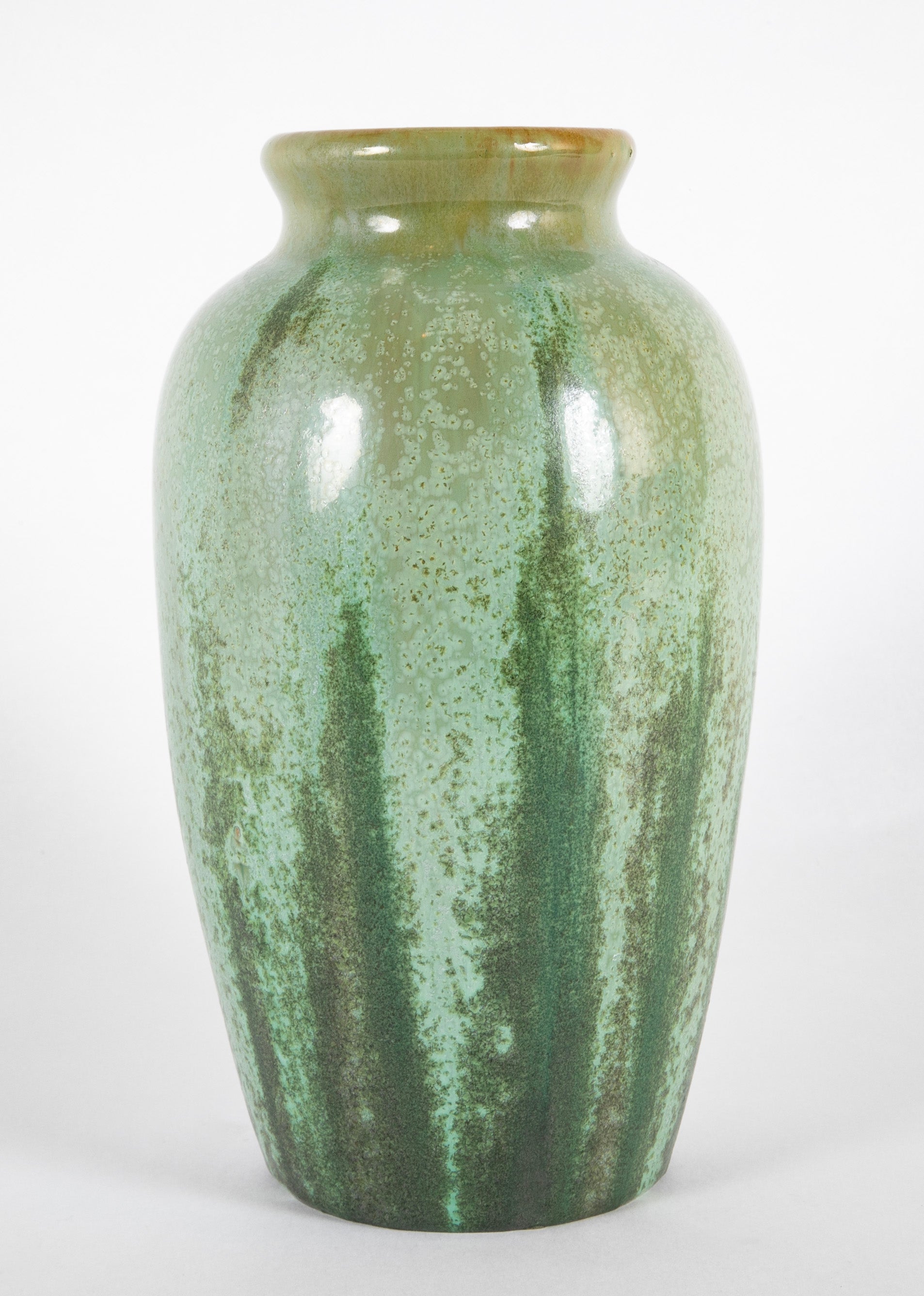 Green Fulper Pottery Vase with Darker Flambe on Light Green Field