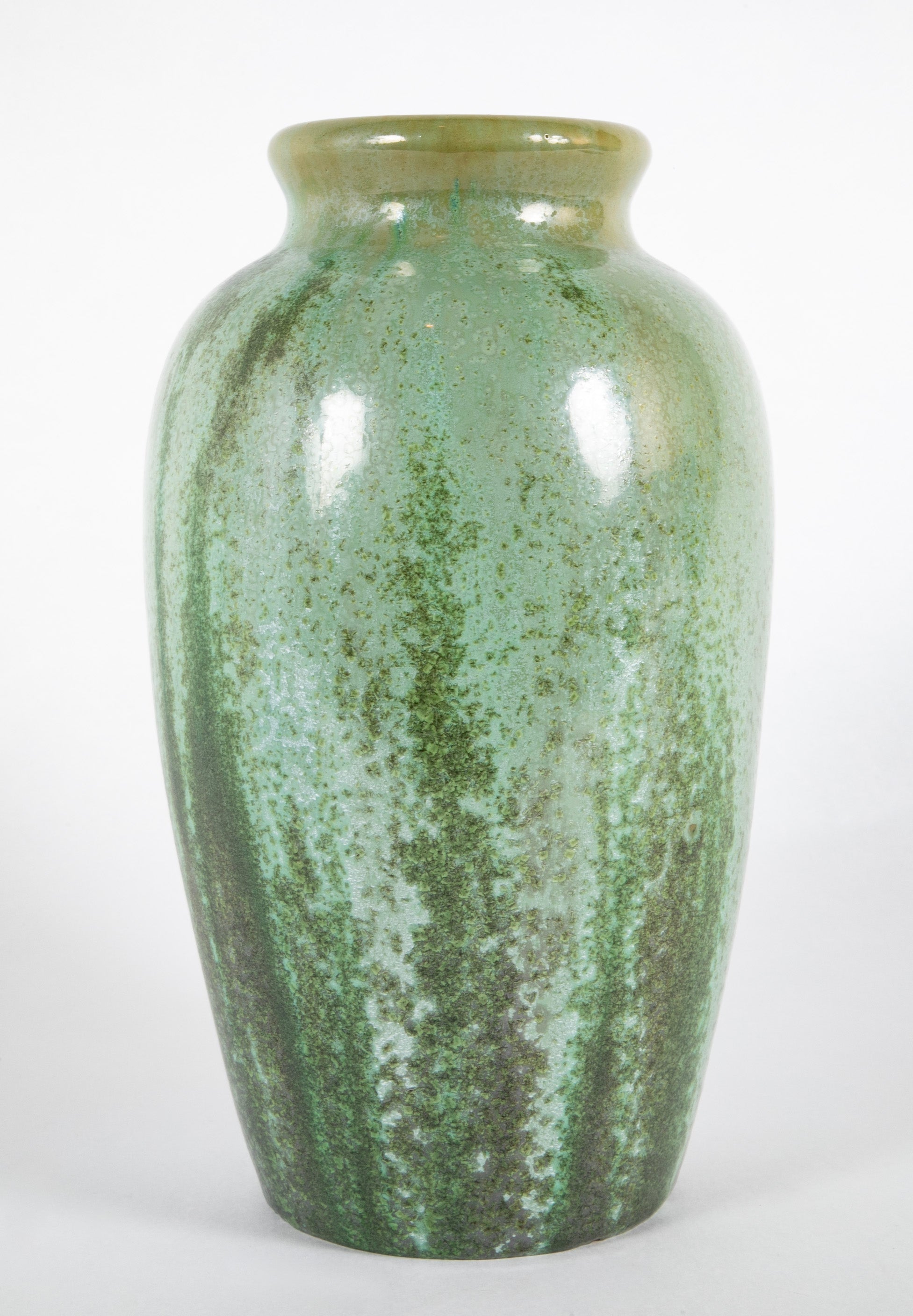 Green Fulper Pottery Vase with Darker Flambe on Light Green Field