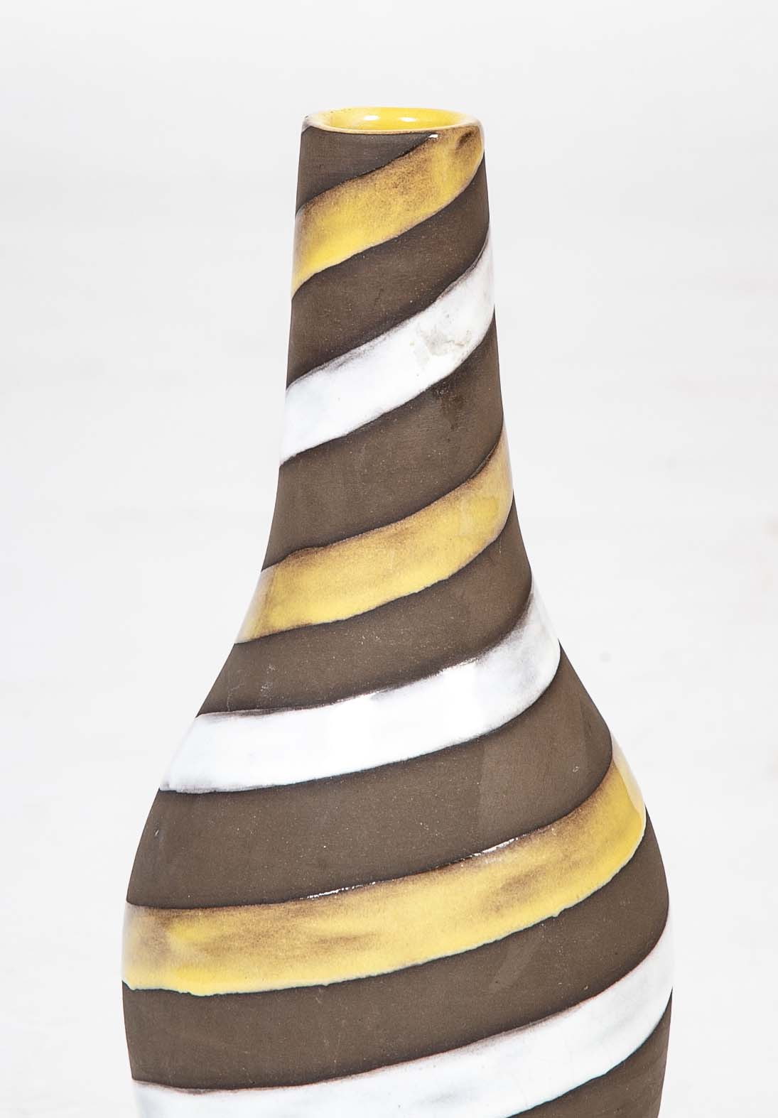 Oval Ceramic Vase with Long Cylindrical Neck Swirled with White & Yellow Enamel on Brown Base