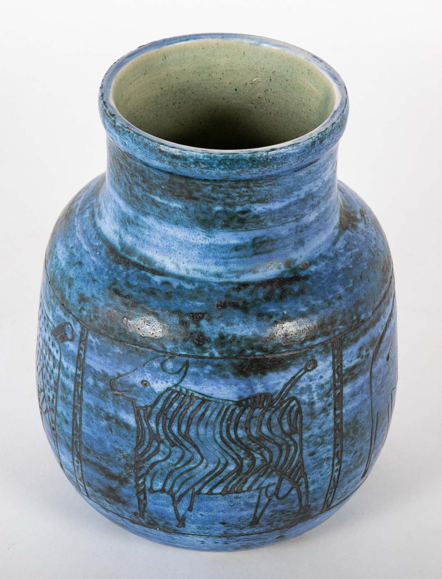 Jacques Blin Incised Blue Glazed Ceramic Vase with Animal Decor