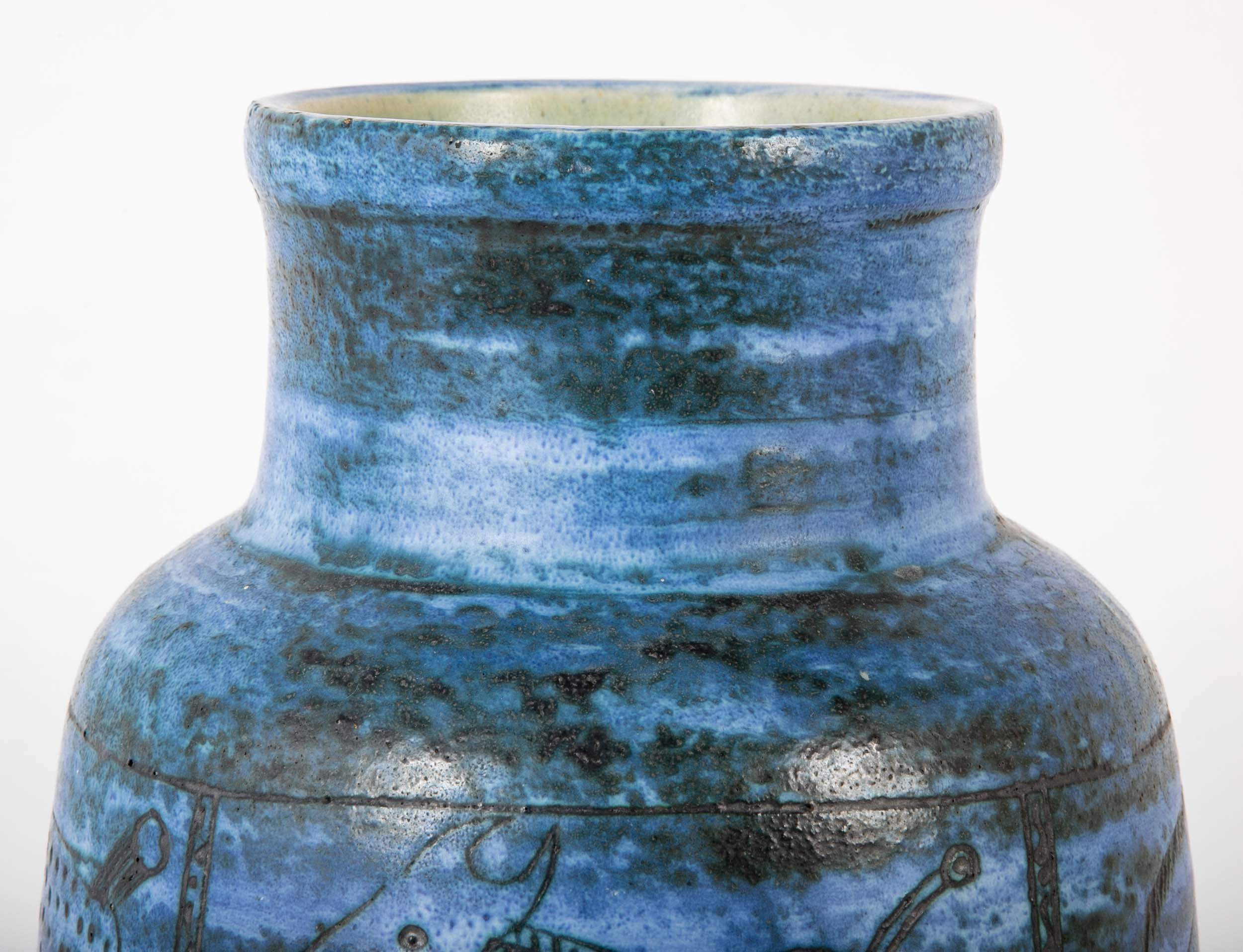 Jacques Blin Incised Blue Glazed Ceramic Vase with Animal Decor