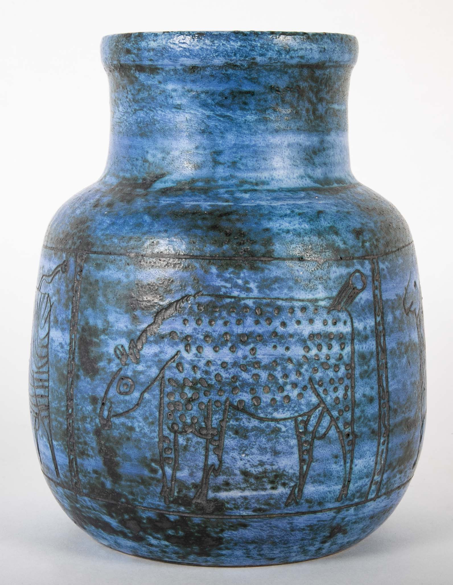 Jacques Blin Incised Blue Glazed Ceramic Vase with Animal Decor