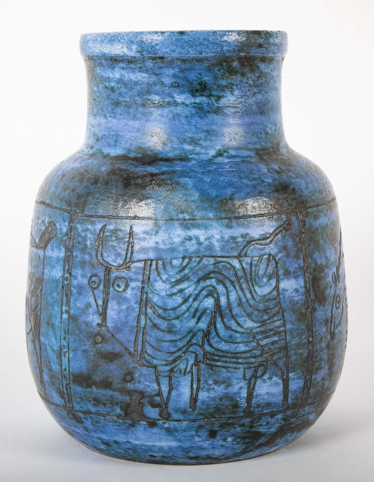 Jacques Blin Incised Blue Glazed Ceramic Vase with Animal Decor