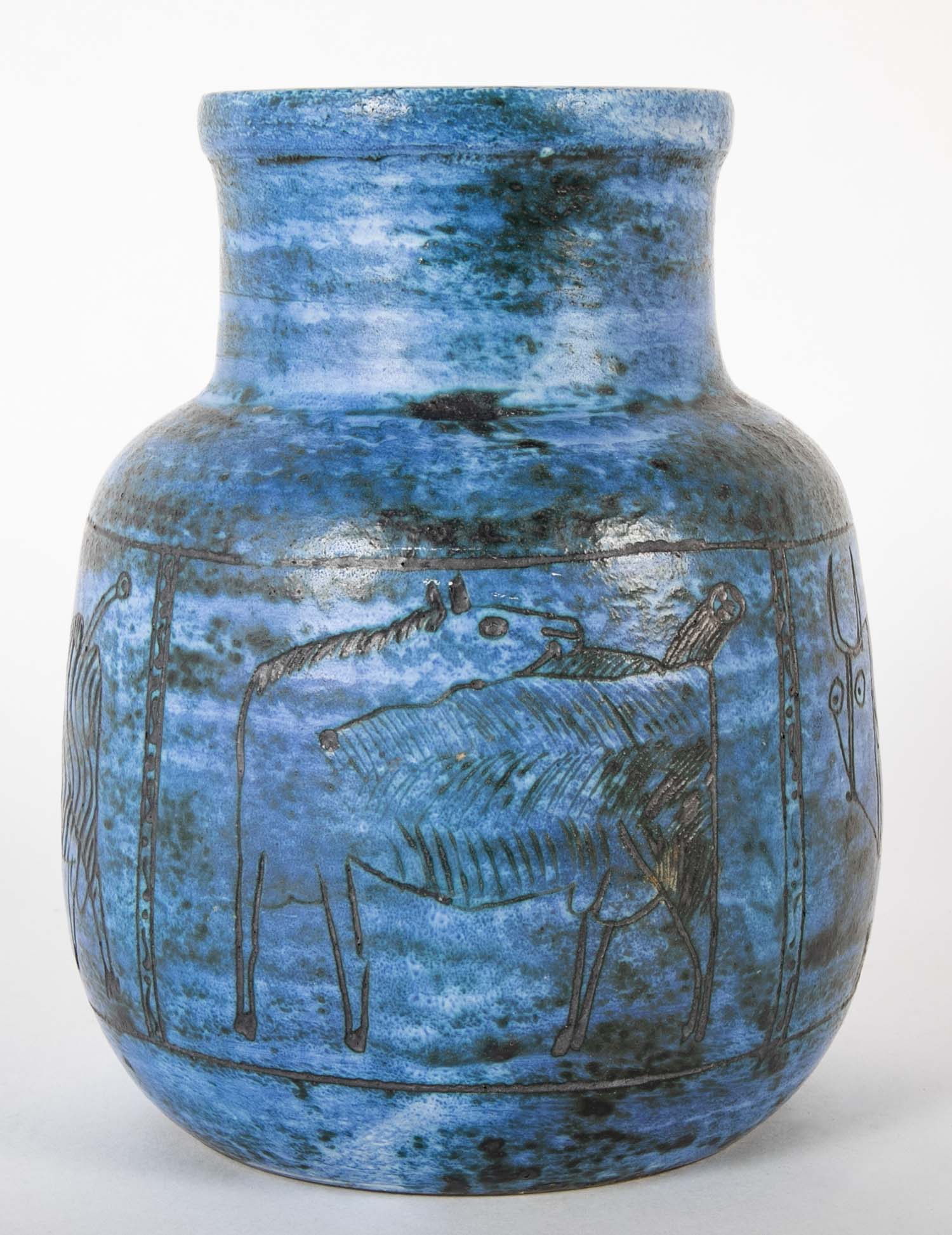Jacques Blin Incised Blue Glazed Ceramic Vase with Animal Decor