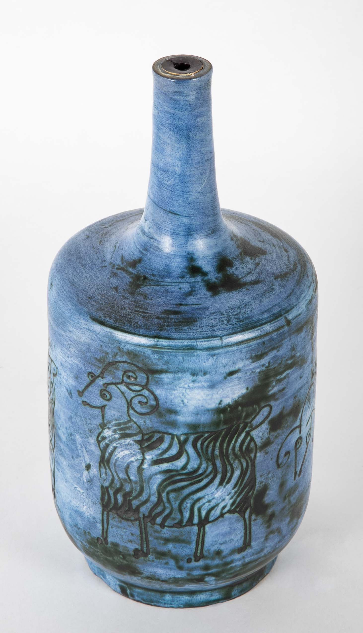 Jacques Blin Incised Blue Glazed Ceramic Vase with Animal Decor