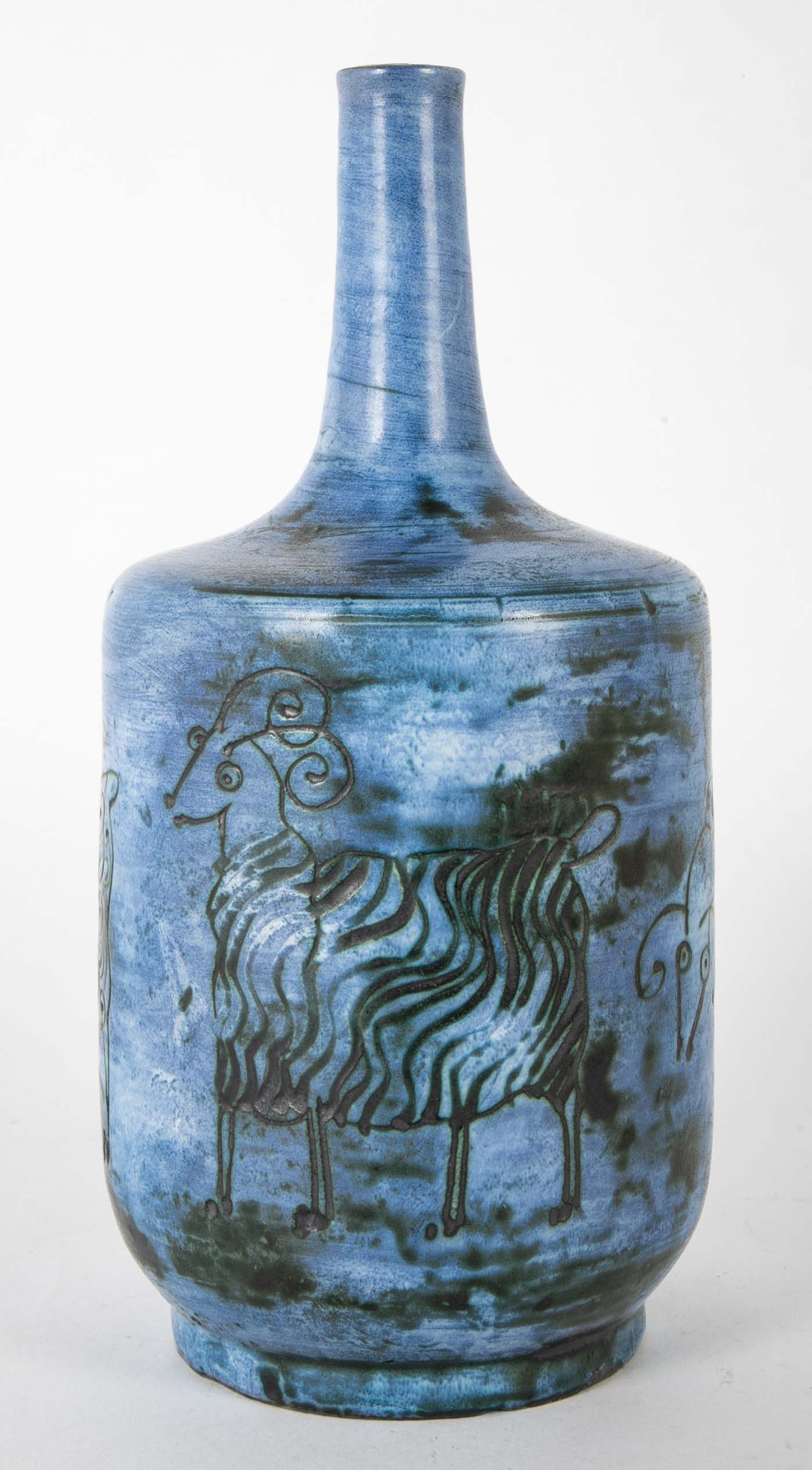 Jacques Blin Incised Blue Glazed Ceramic Vase with Animal Decor