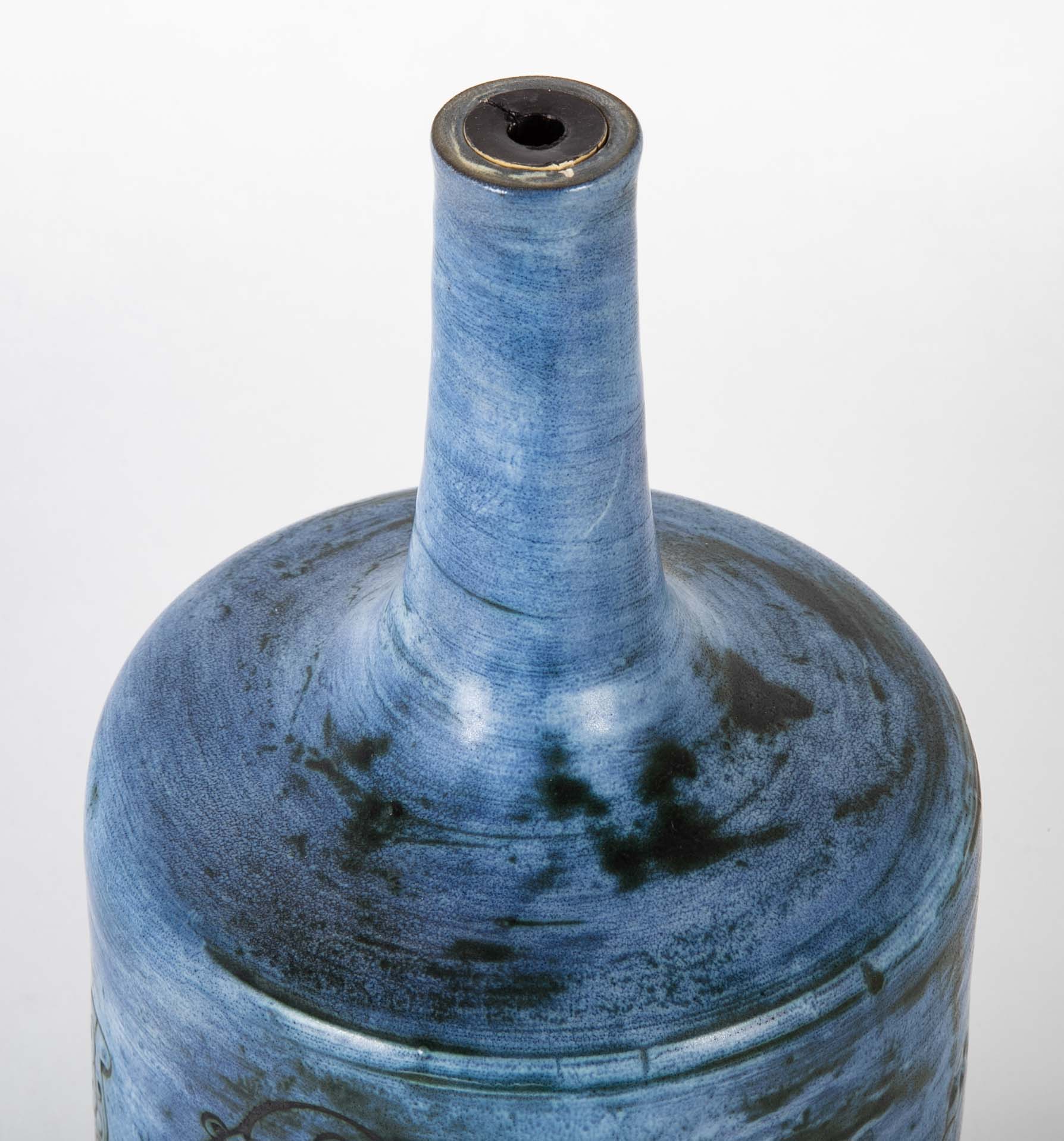 Jacques Blin Incised Blue Glazed Ceramic Vase with Animal Decor