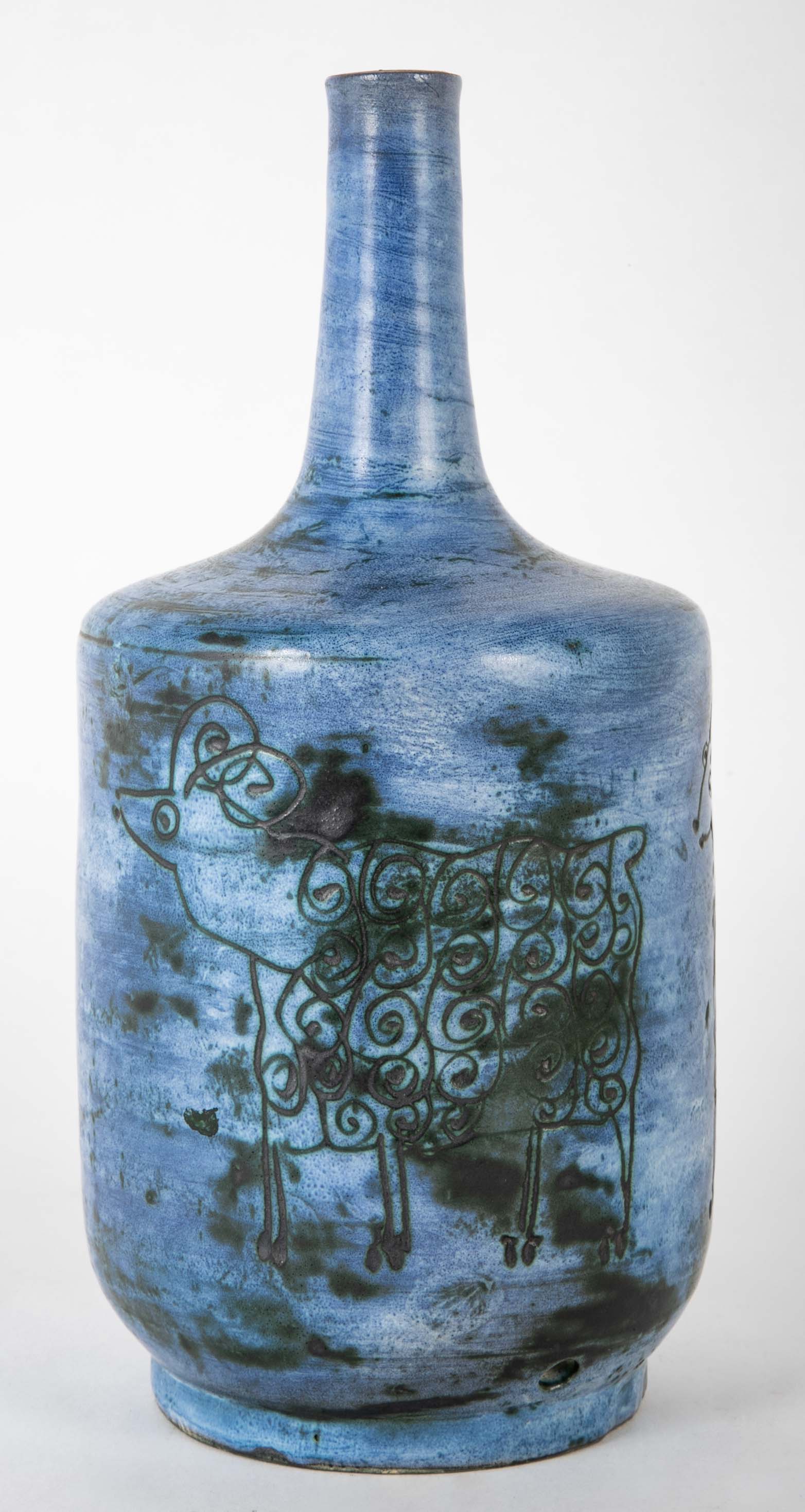 Jacques Blin Incised Blue Glazed Ceramic Vase with Animal Decor