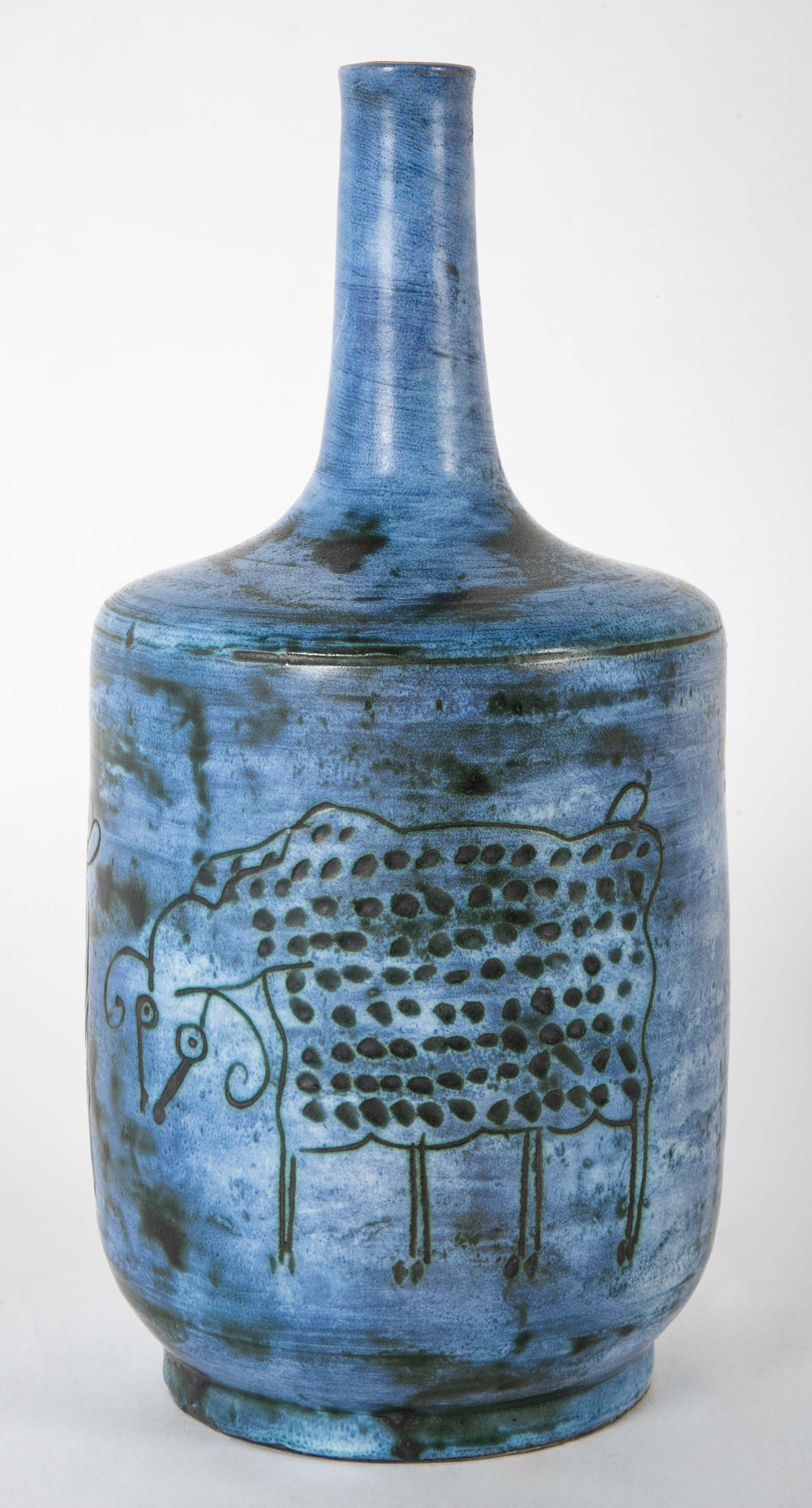 Jacques Blin Incised Blue Glazed Ceramic Vase with Animal Decor