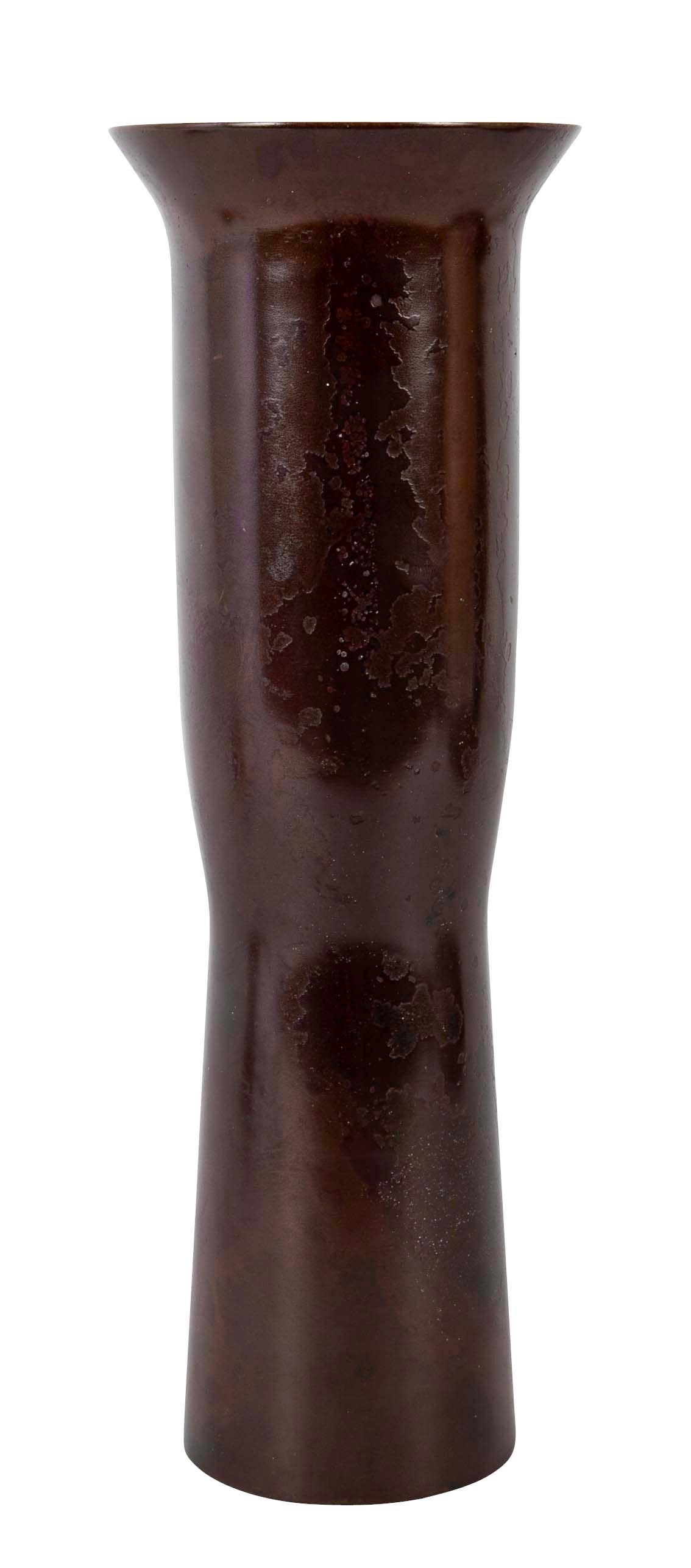 Japanese Patinated Bronze Vase in Columnar Form with Flared Rim