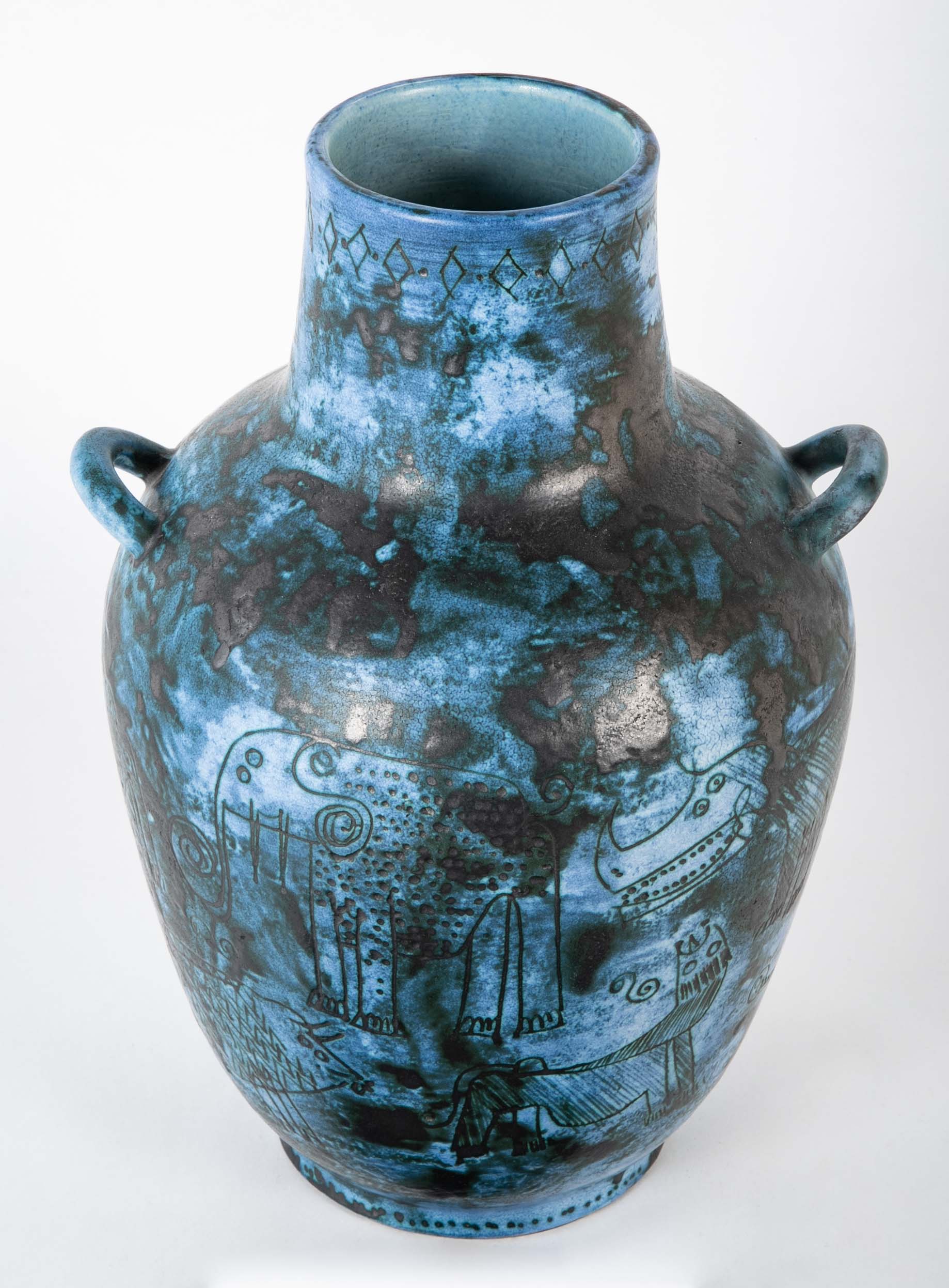 A Jacques Blin Sgraffito Glazed Stoneware Vase with Animal Decor