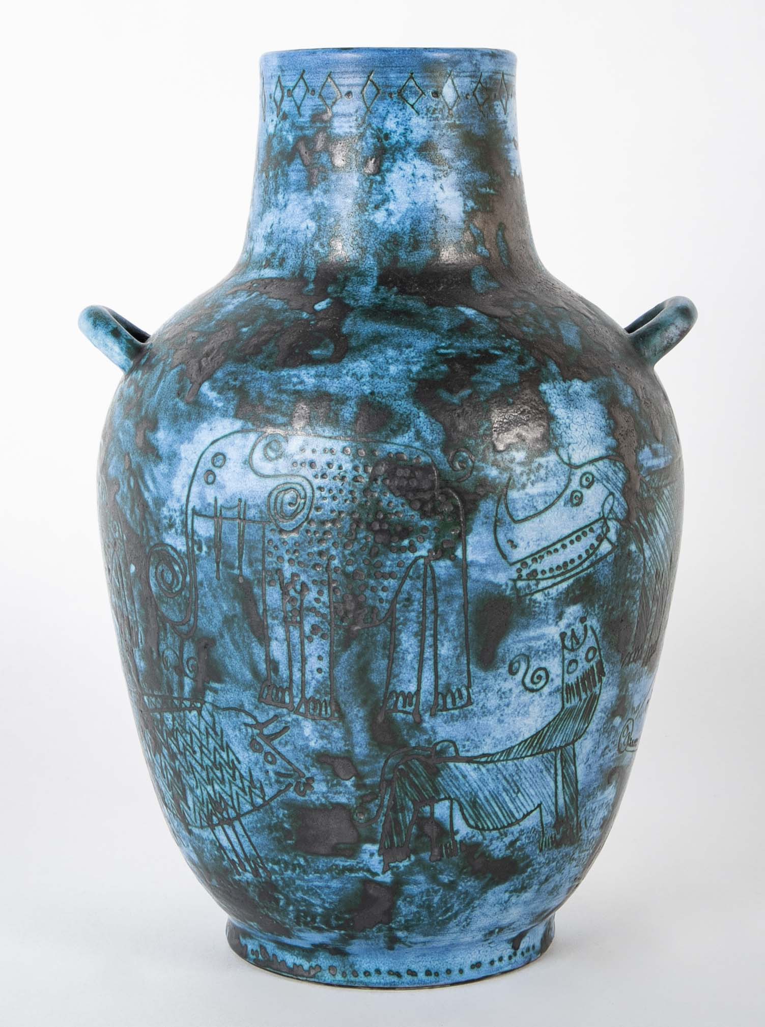 A Jacques Blin Sgraffito Glazed Stoneware Vase with Animal Decor