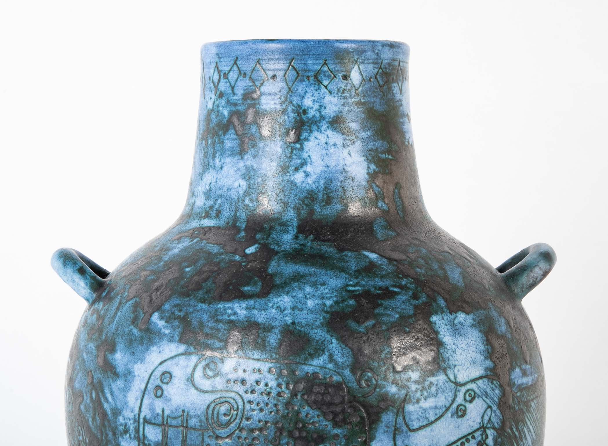 A Jacques Blin Sgraffito Glazed Stoneware Vase with Animal Decor