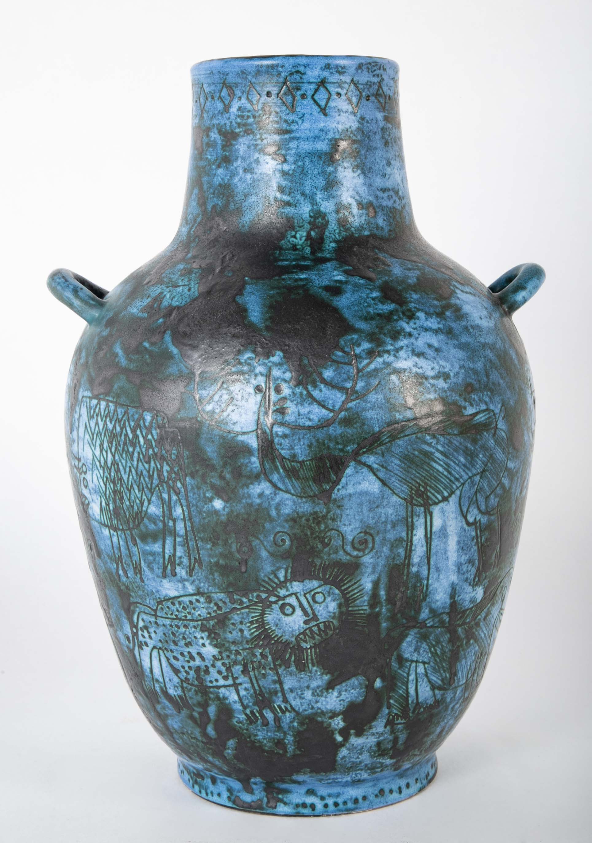 A Jacques Blin Sgraffito Glazed Stoneware Vase with Animal Decor