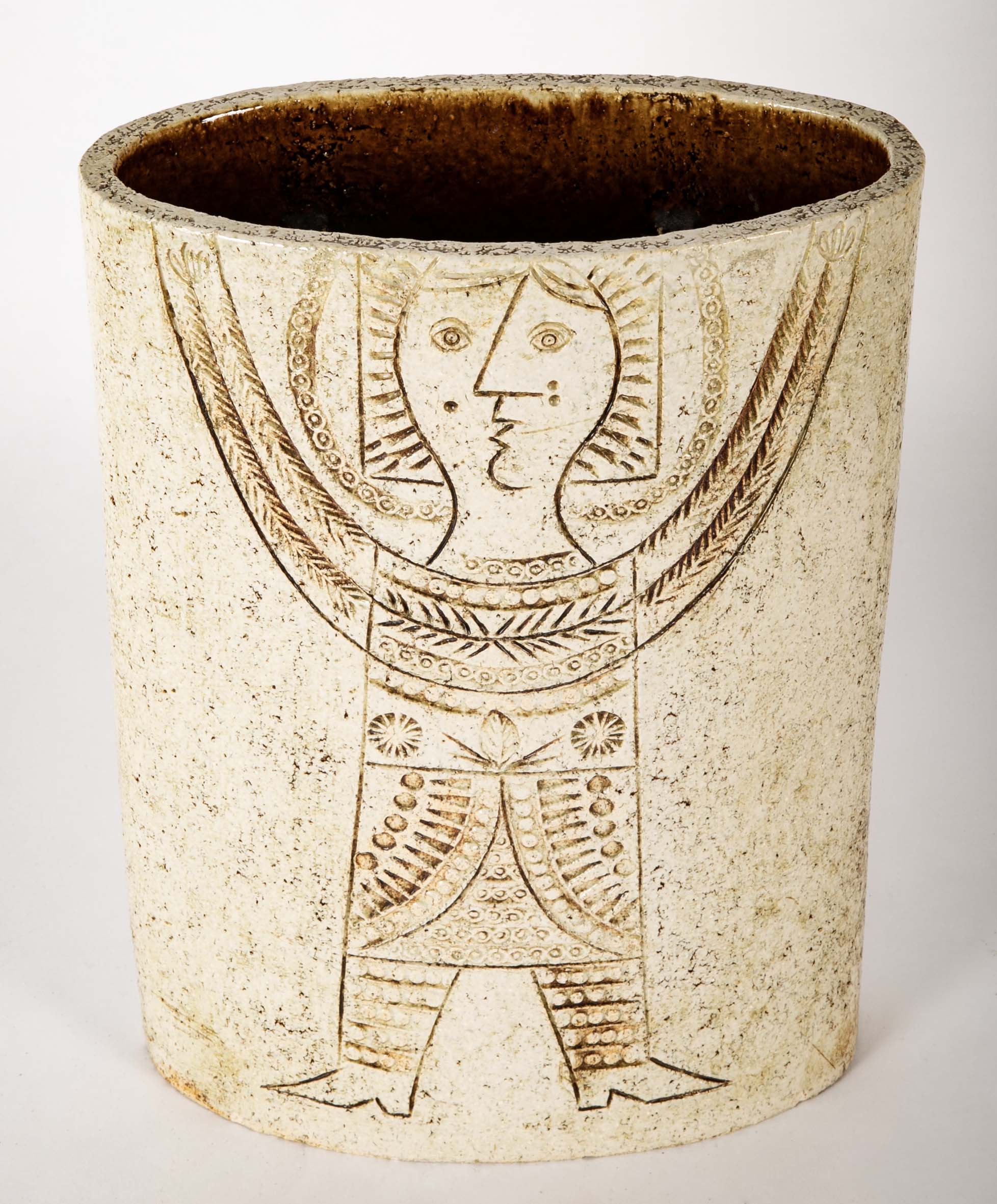 Roger Capron Straight Sided Oval Ceramic Vase with Incised Cubist Figure