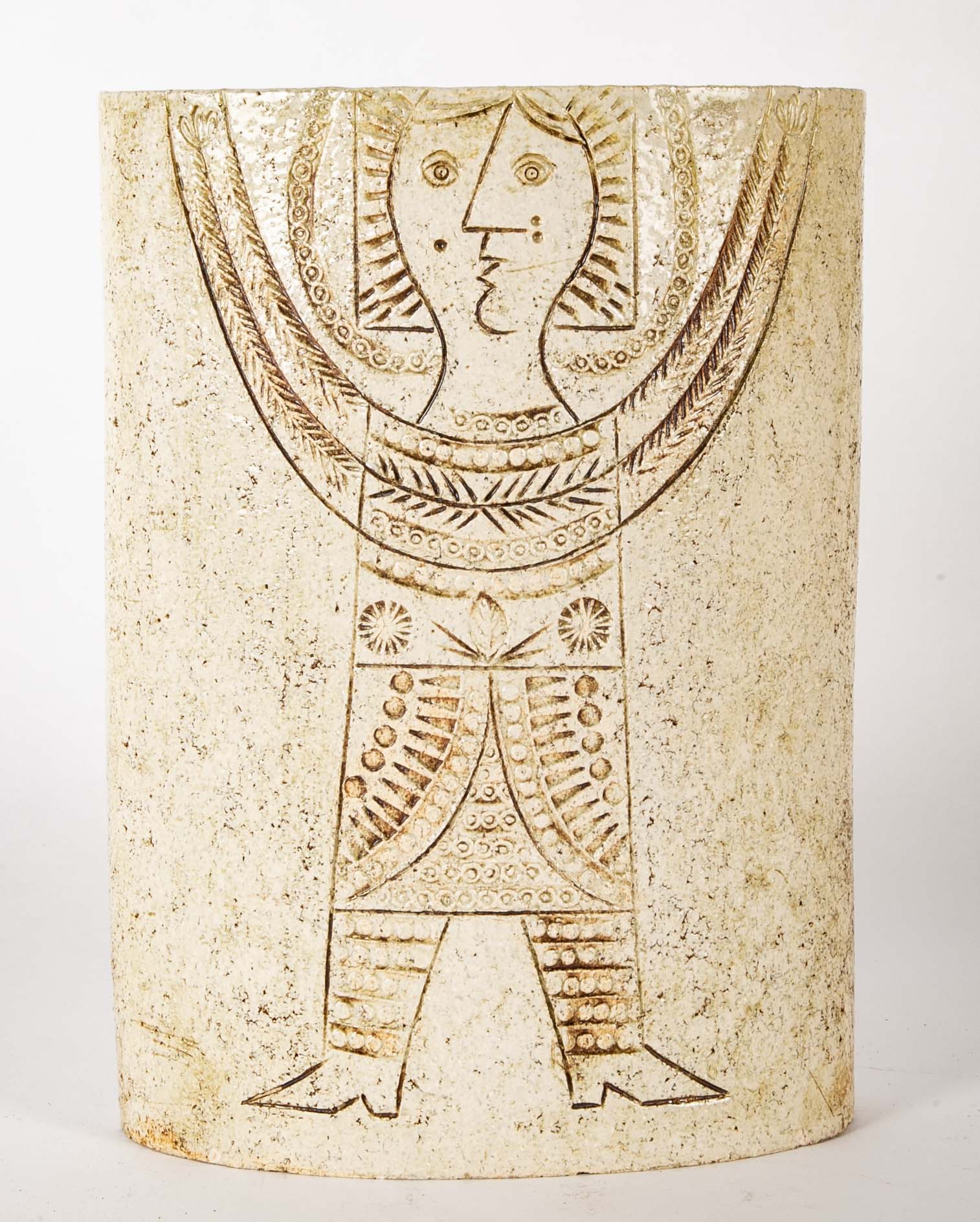 Roger Capron Straight Sided Oval Ceramic Vase with Incised Cubist Figure