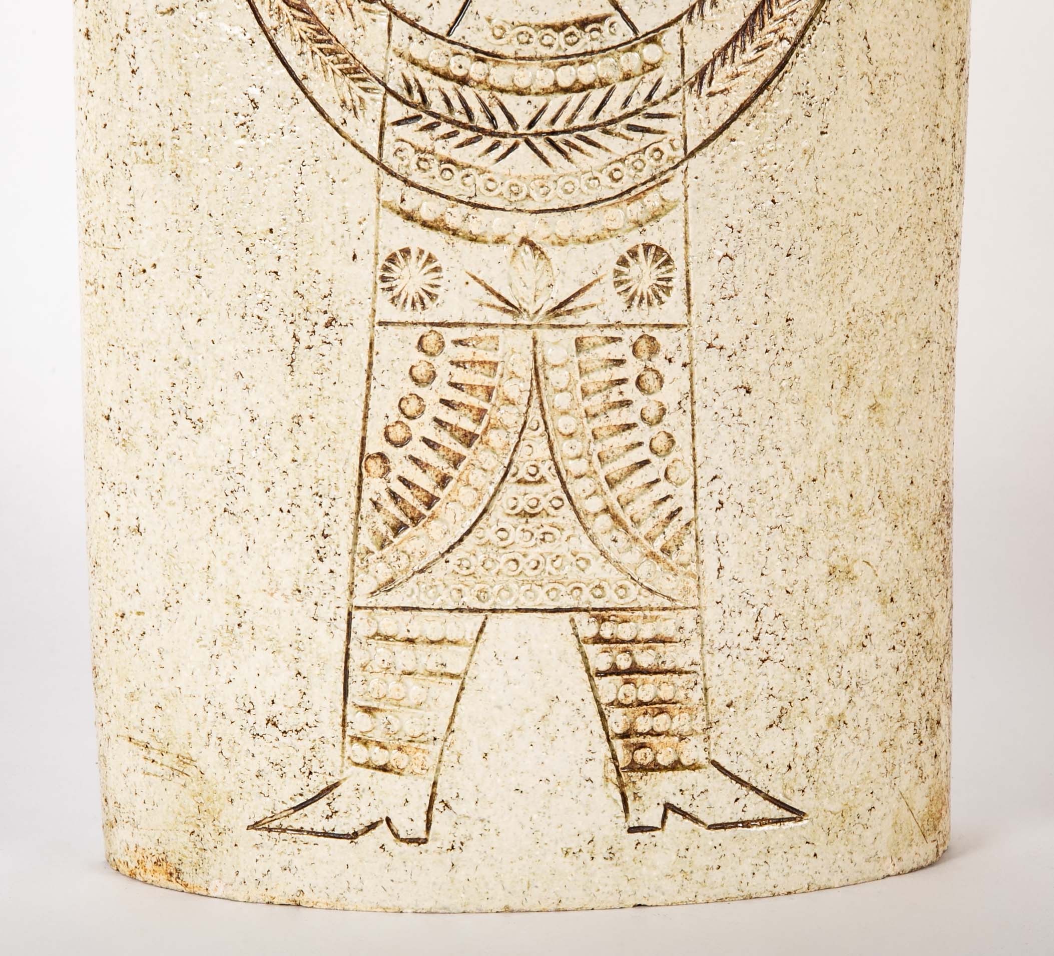 Roger Capron Straight Sided Oval Ceramic Vase with Incised Cubist Figure