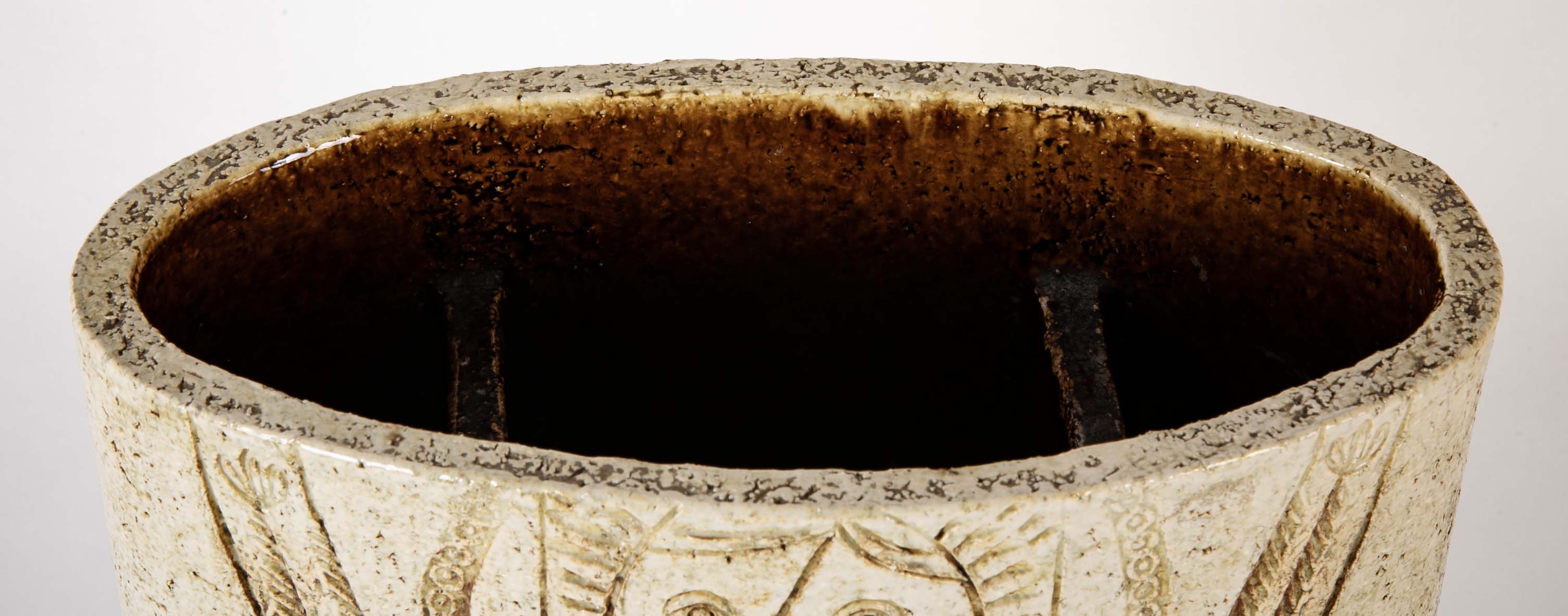 Roger Capron Straight Sided Oval Ceramic Vase with Incised Cubist Figure