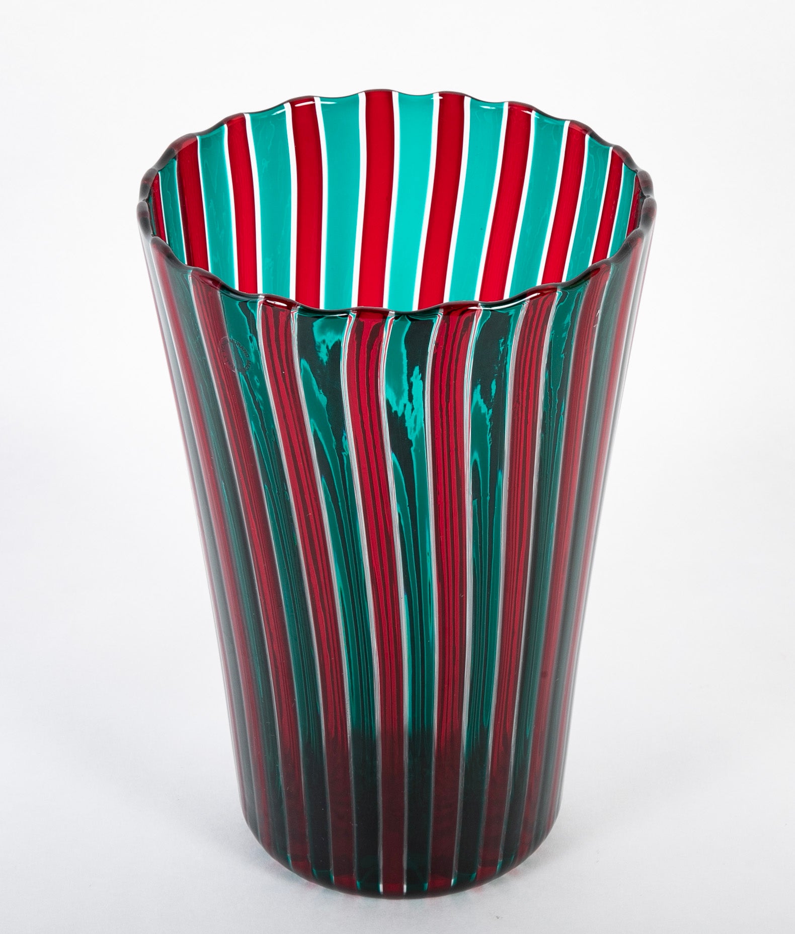 Gio Ponti for Venini Red and Green "A Canne" Glass Vase