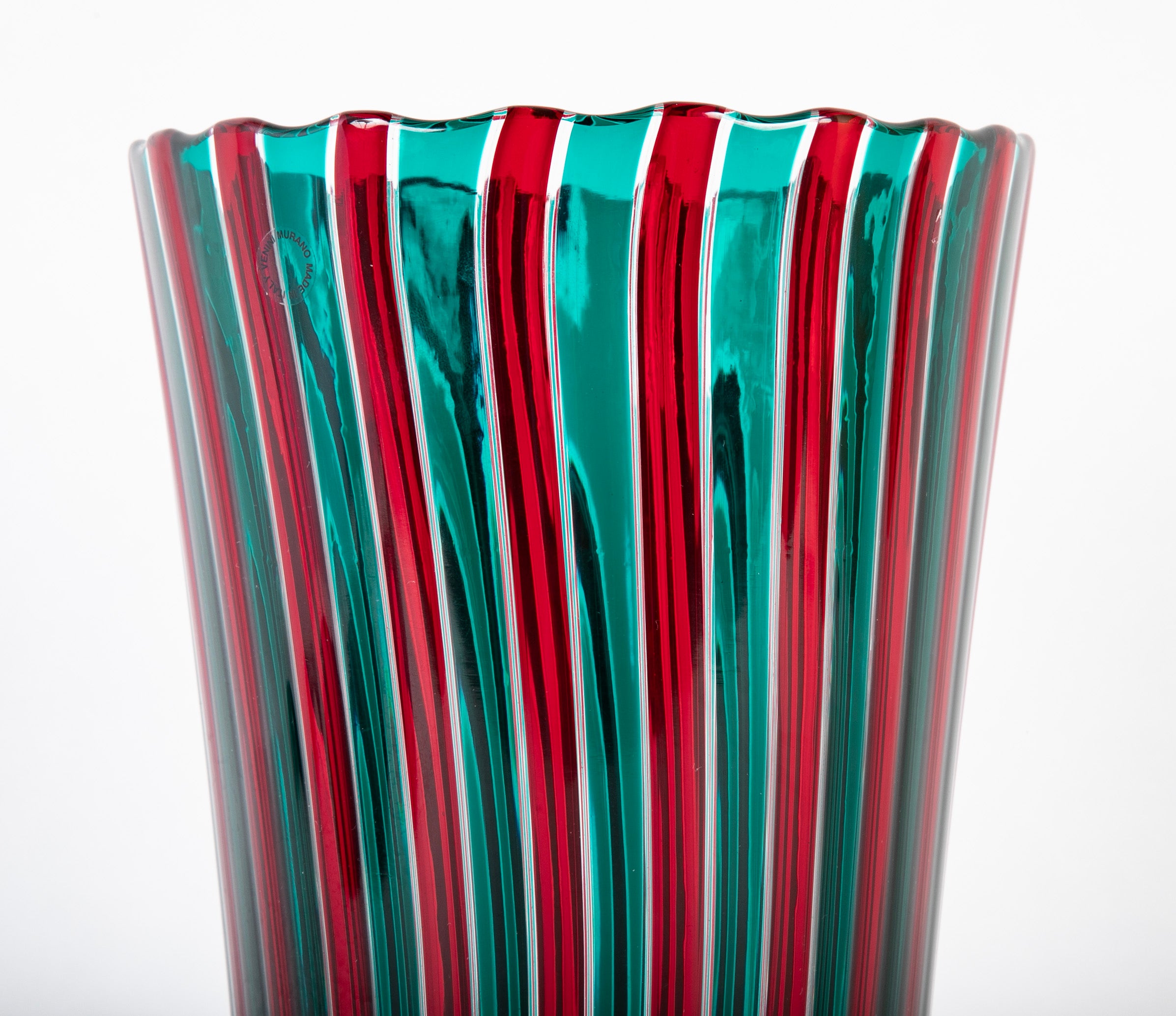 Gio Ponti for Venini Red and Green "A Canne" Glass Vase