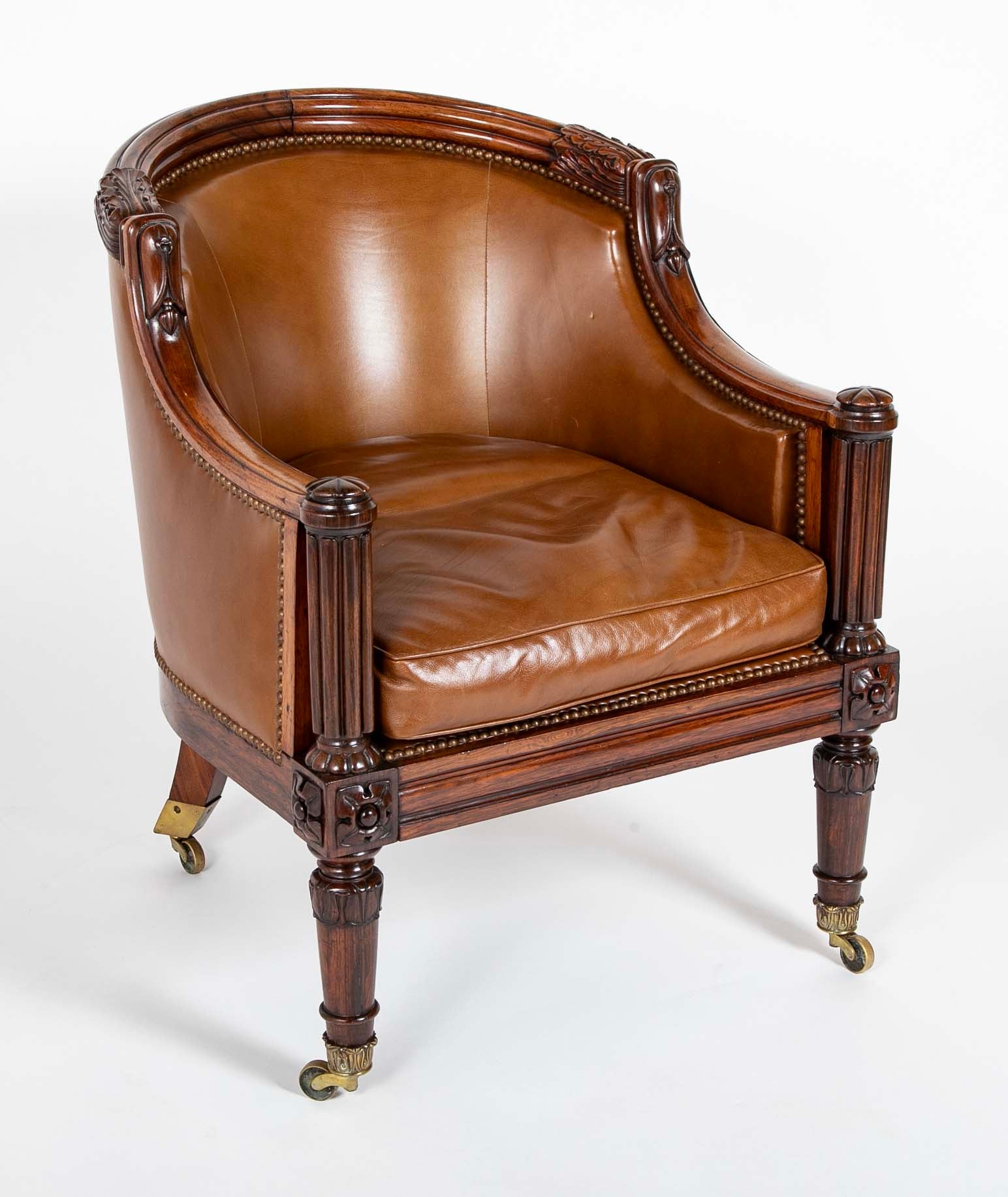 William IV Rosewood Library Chair Upholstered in Leather with Nailhead Trim