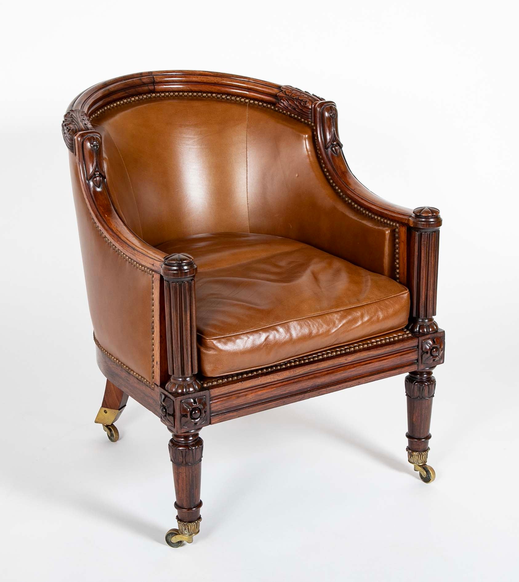 William IV Rosewood Library Chair Upholstered in Leather with Nailhead Trim
