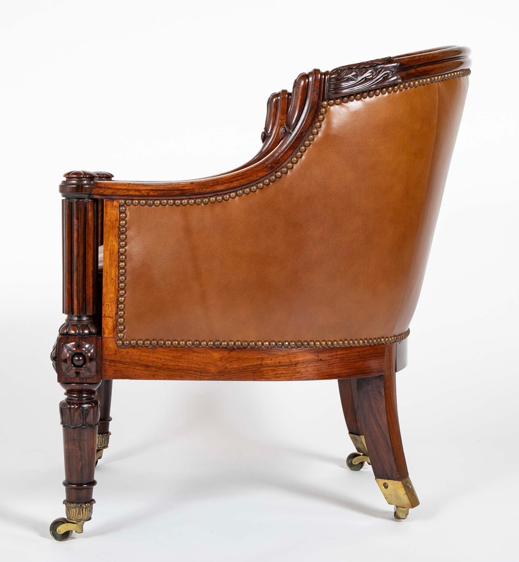 William IV Rosewood Library Chair Upholstered in Leather with Nailhead Trim