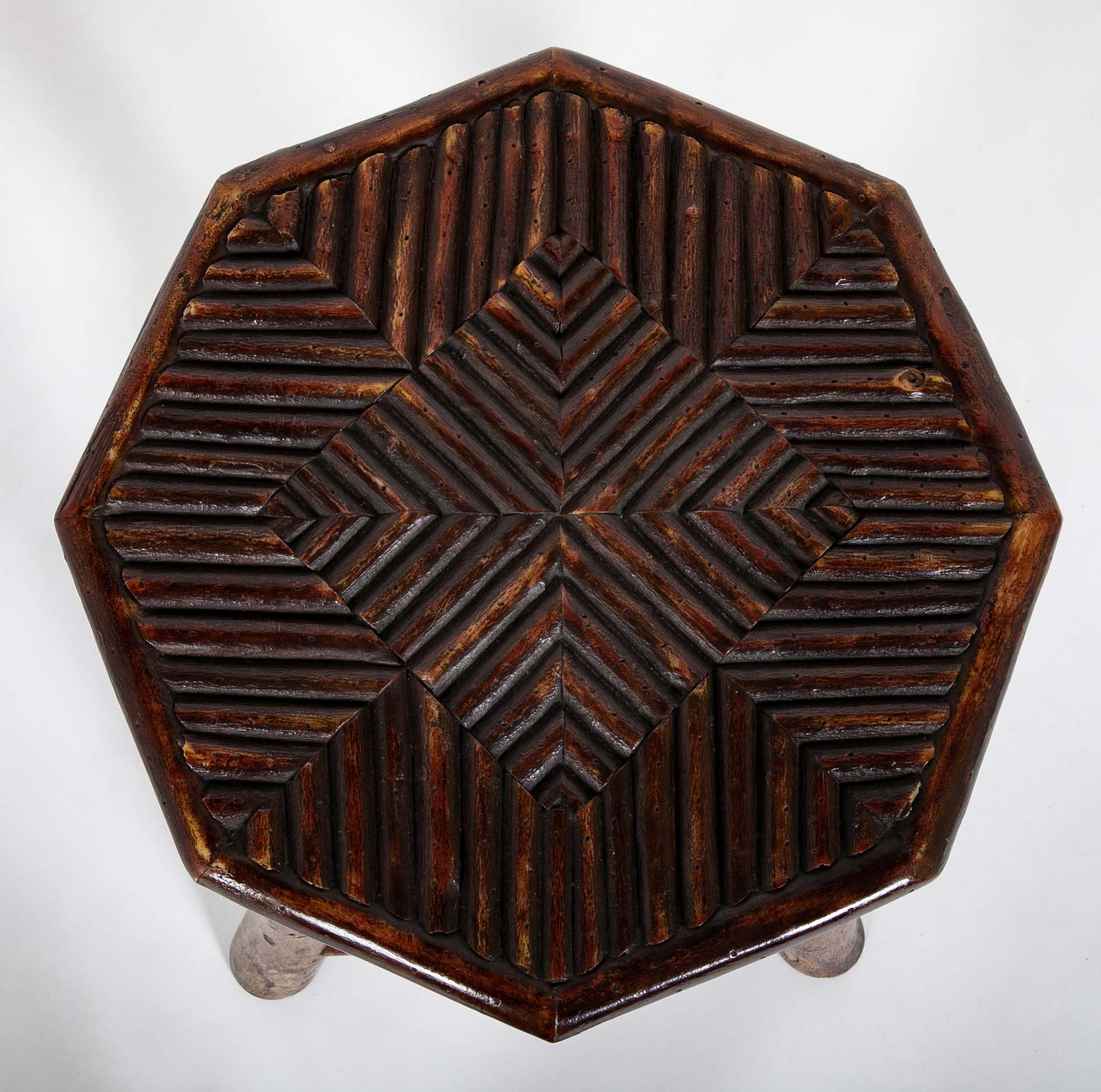 Adirondack Hexagonal Stool with Incised Geometric Design on Seat
