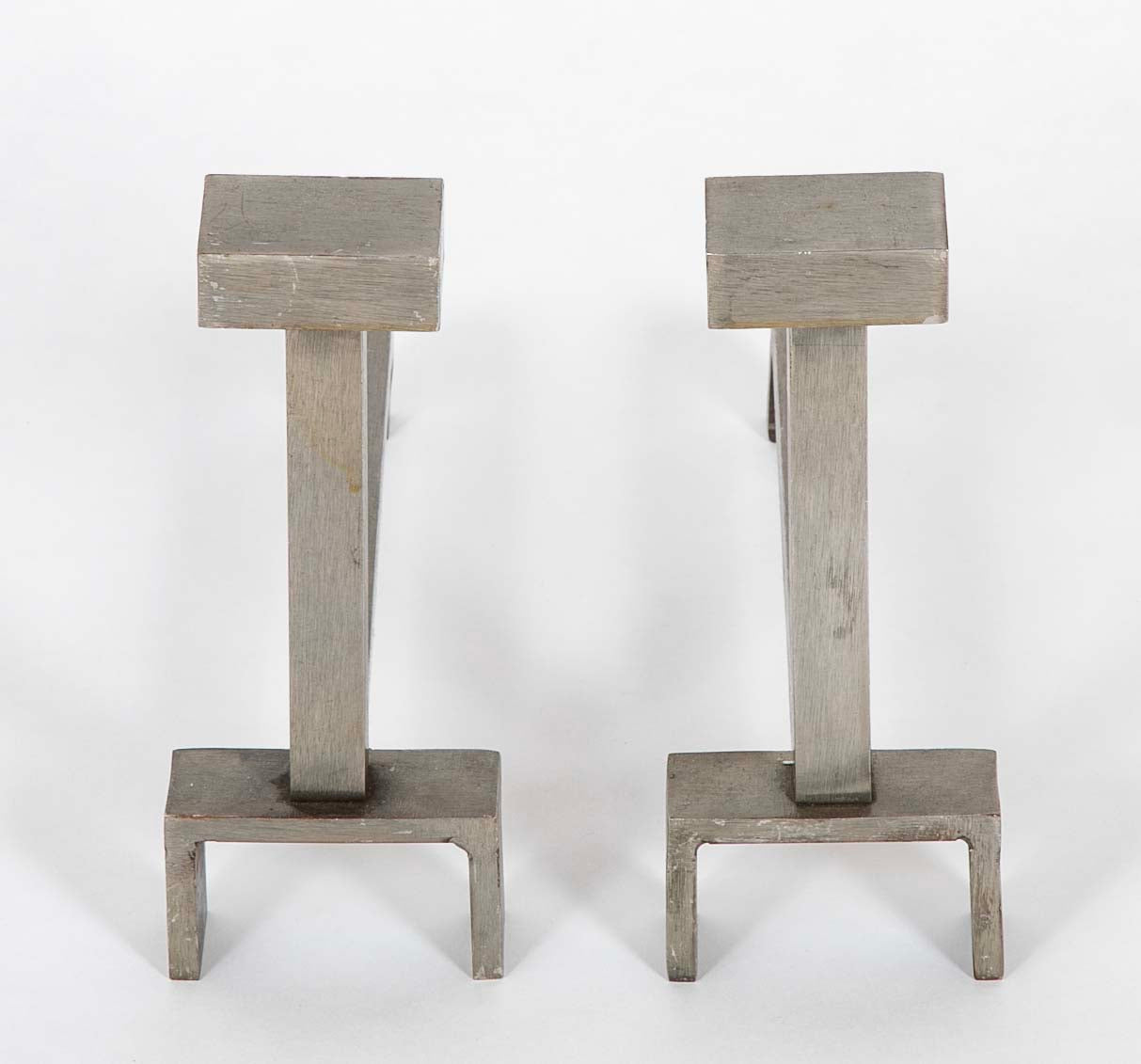 A Pair of French Black Brushed Metal Andirons