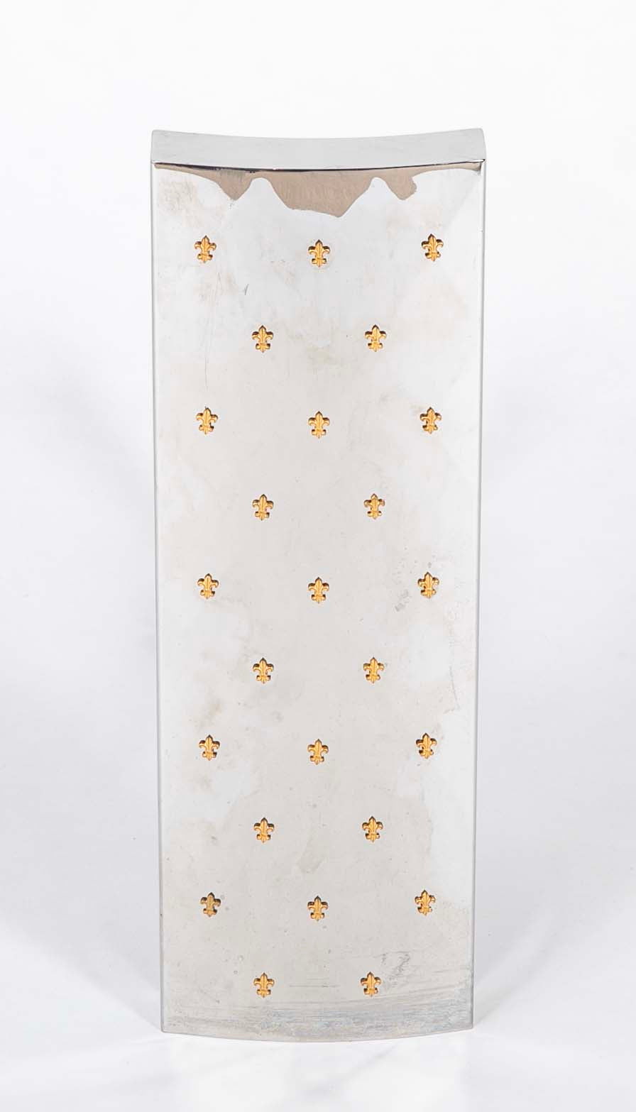 Pair of French Andirons Having White Metal Panels with Applied Decoration