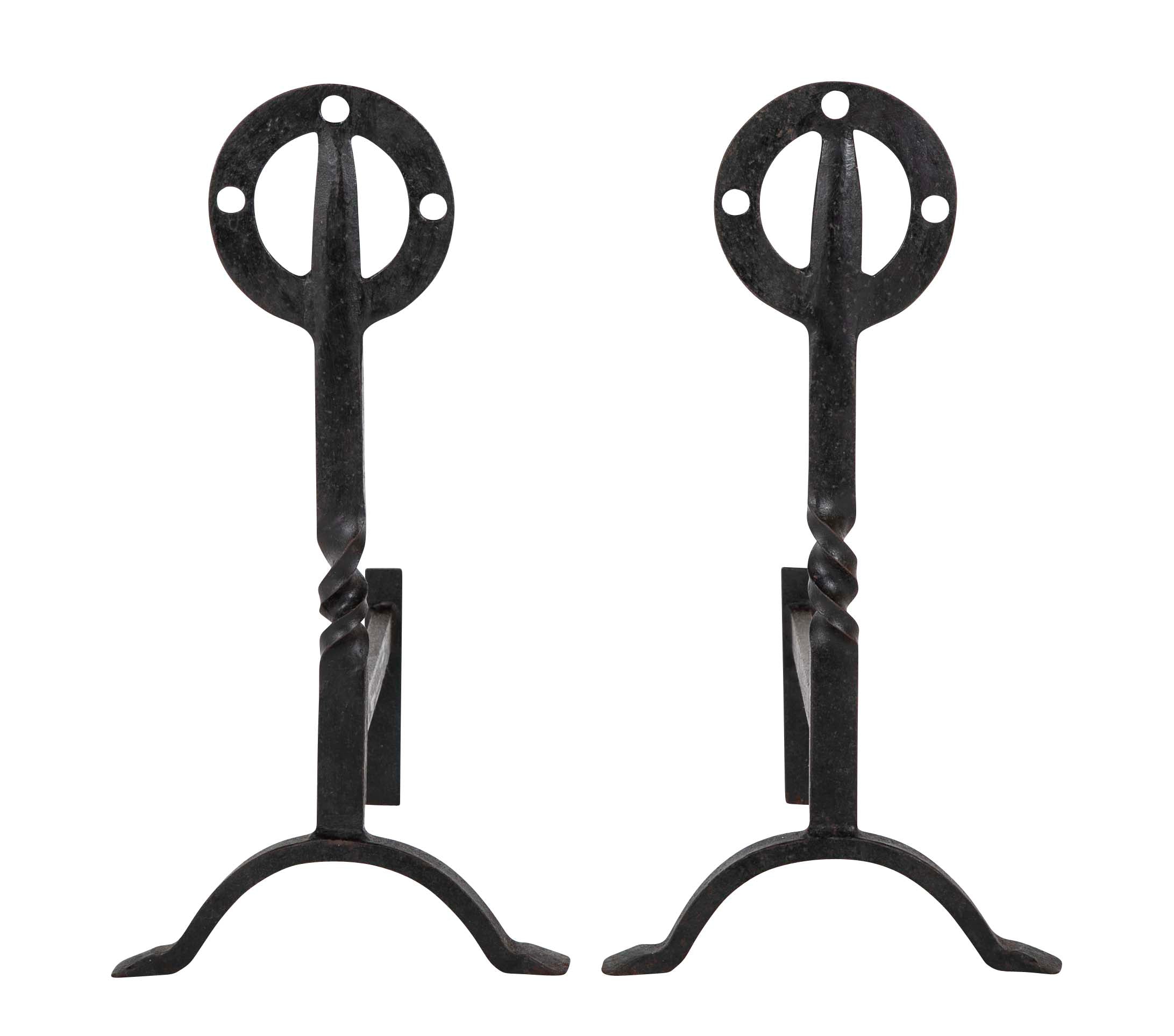 Pair of Glasgow School Iron Twisted Column Andirons