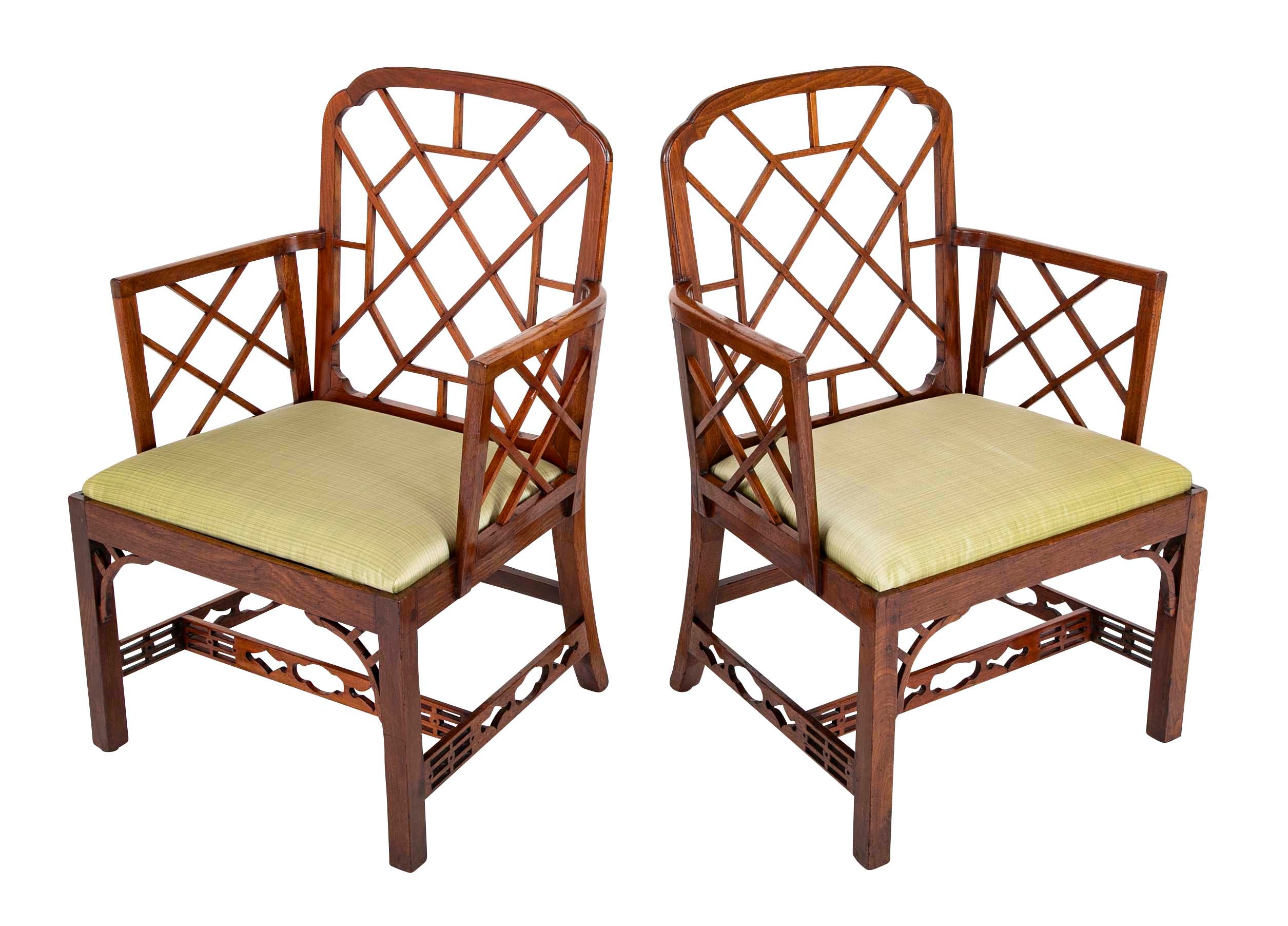 Pair Of Chinese Chippendale Mahogany Arm Chairs