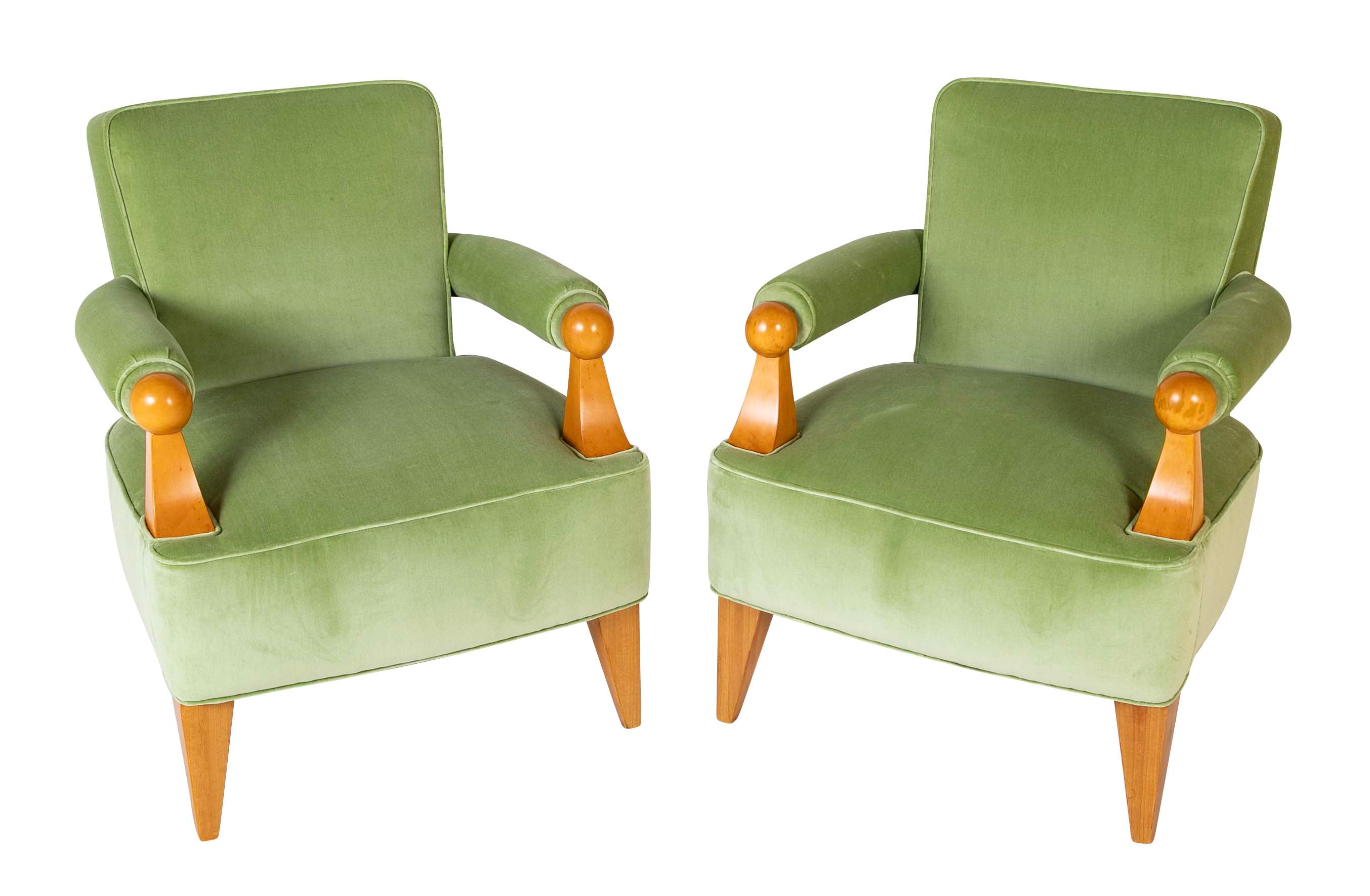 Pair of French Blond Wood Upholstered Armchairs