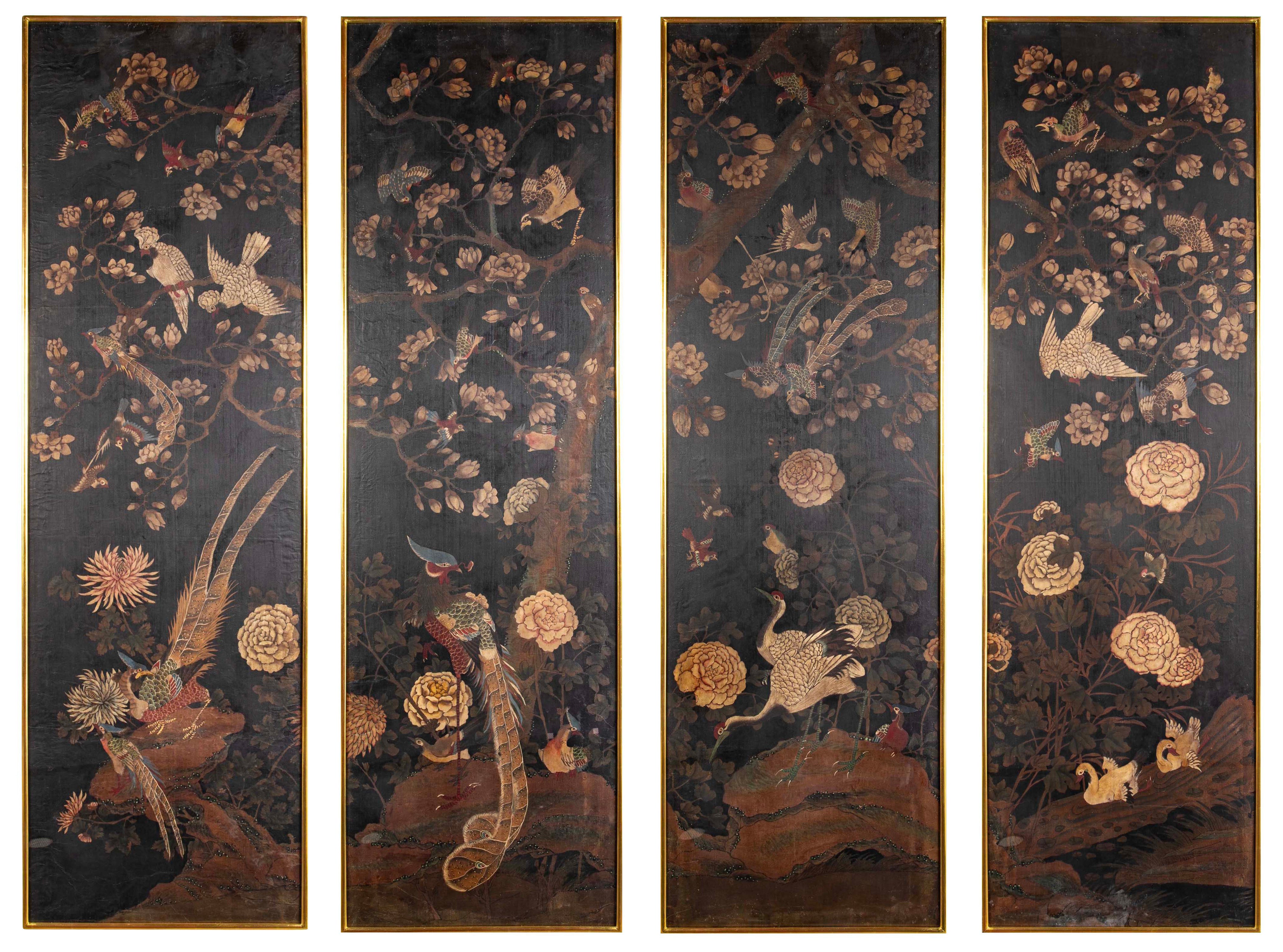 Set of 4 Chinese Late 18th/Early 19th Century Framed Silk Painted Panels