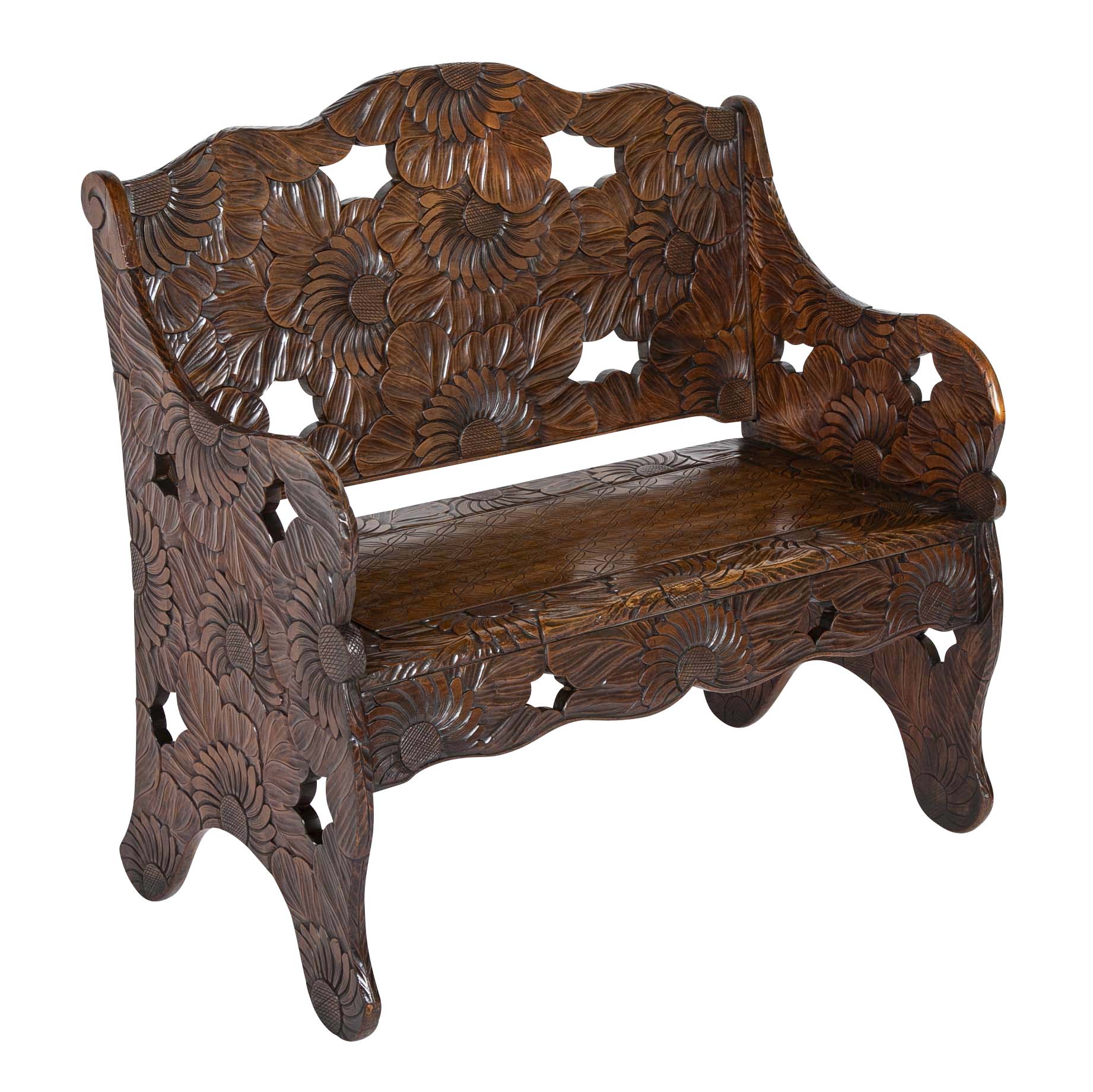 Detailed Flower Carved Beech Wood Bench for Liberty of London