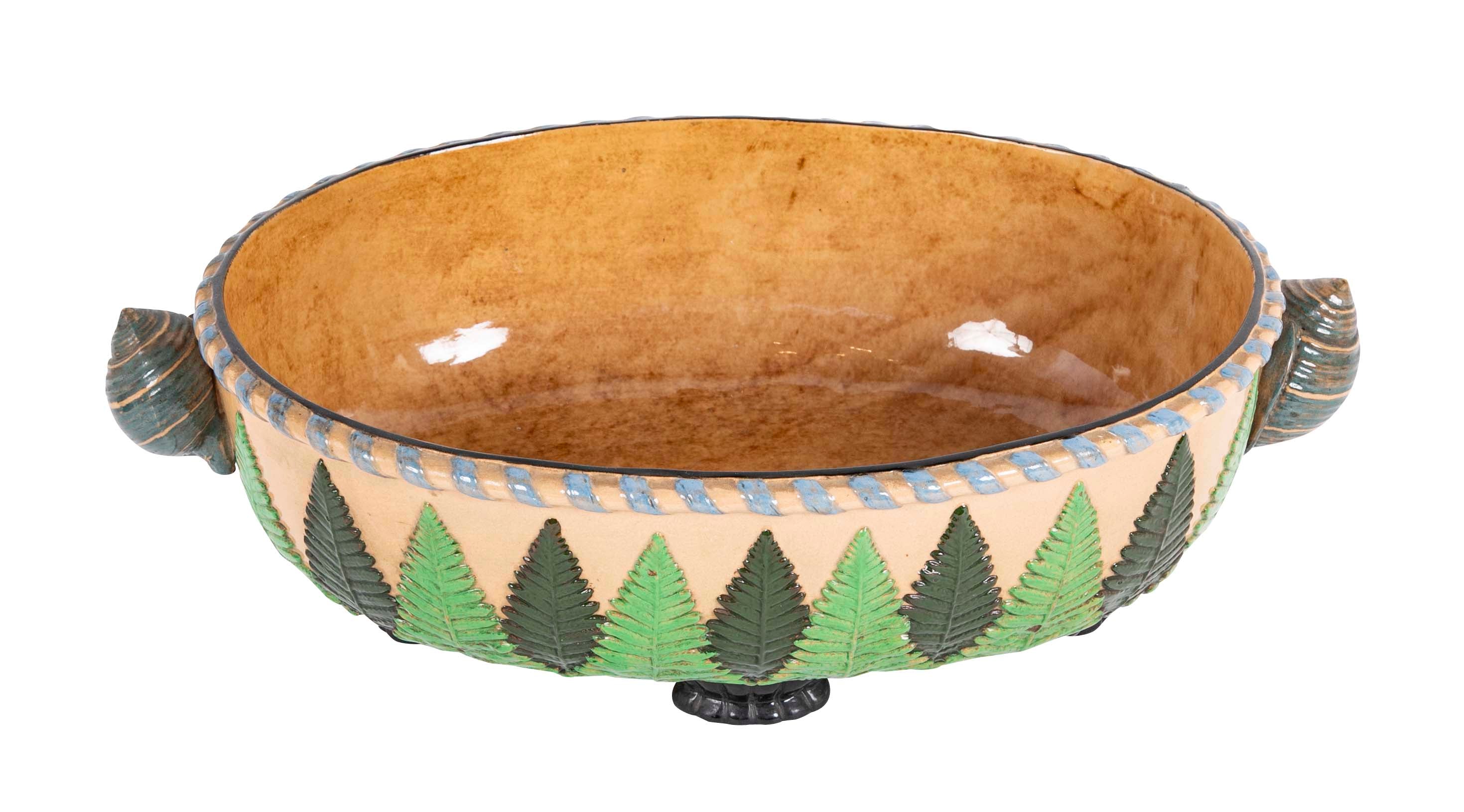 Majolica Slip Glazed Oval Jardiniere with 4 Scrolled Feet and Applied Shell Handles with Green Ferns