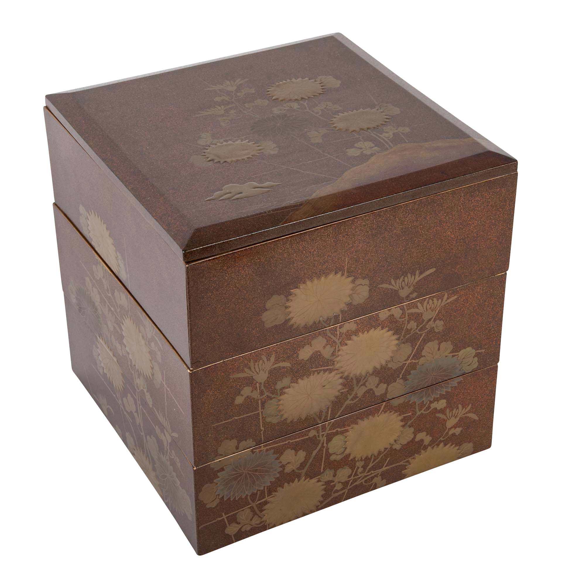 Japanese Maki-E Lacquered Jubako Box with Floral & Rooster Decor